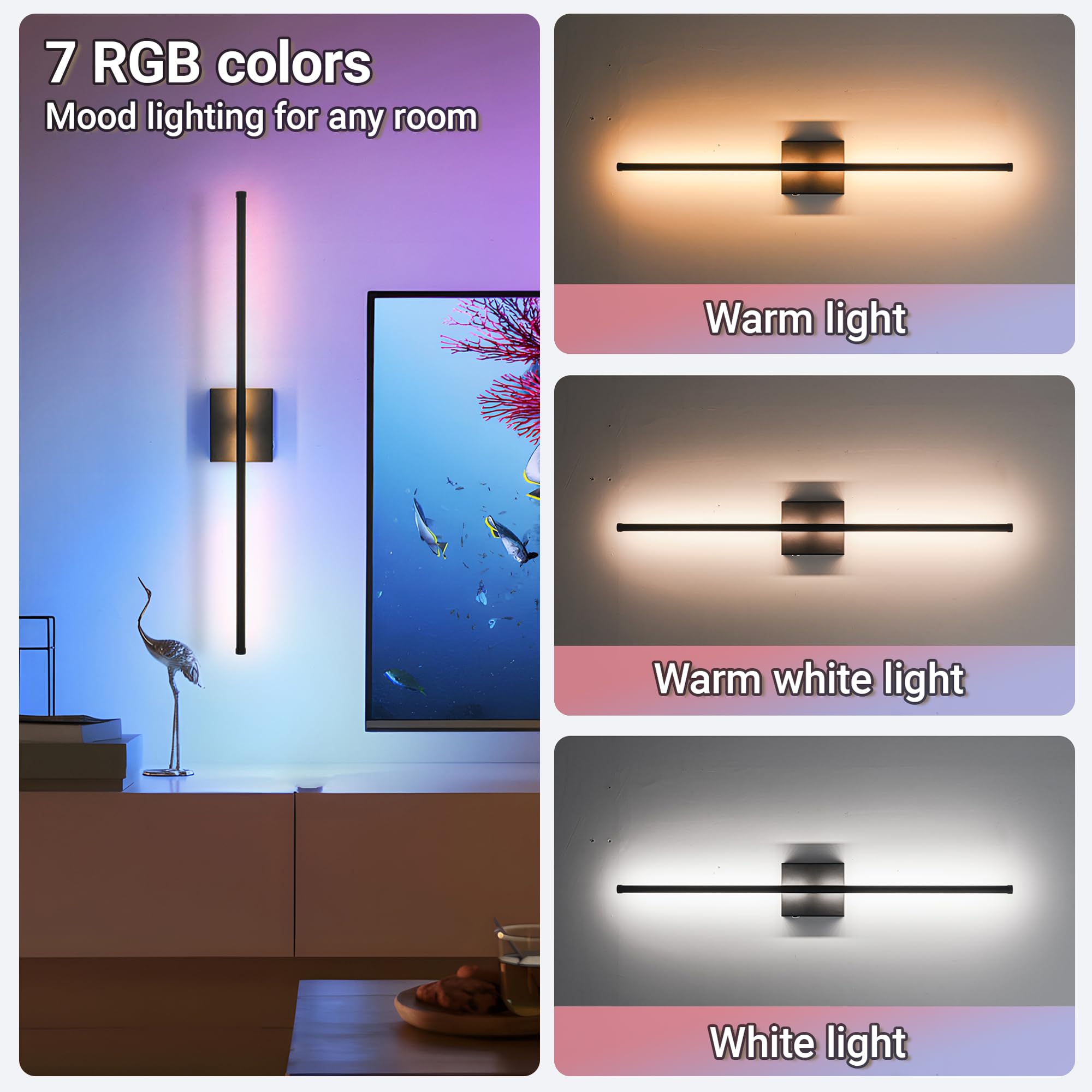 Civaza 31.5" Battery Operated Wall Sconce Set of 2, RGB Dimmable, Remote Control, Black Metal, 360° Rotate, Ideal for Bedroom & Living Room