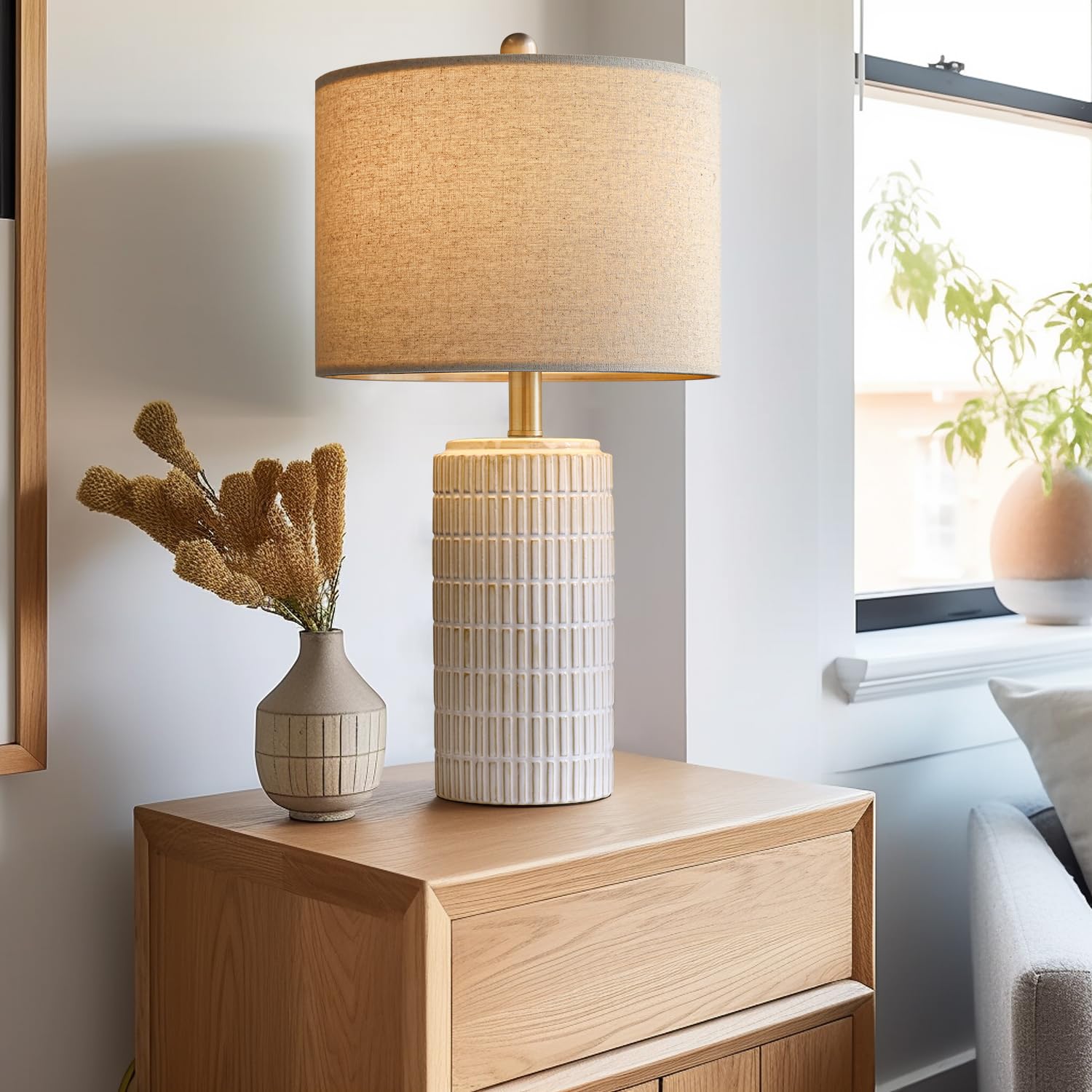 PoKat 23" Ceramic Table Lamps Set of 2 - Beige & White, Modern Design for Living Room, Bedroom, Nightstand, Model AMZ-T1102CR