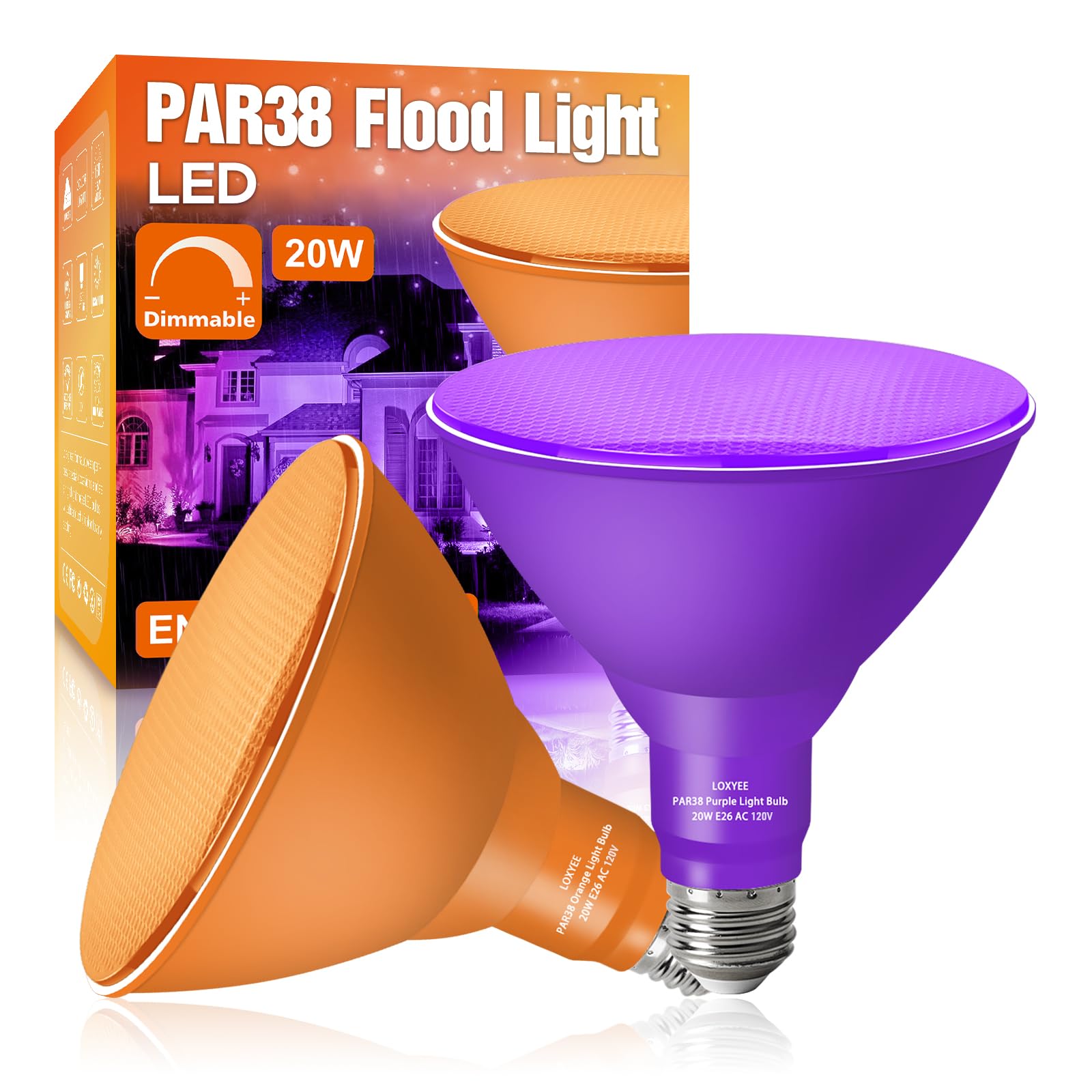 Loxyee Par38 Flood Orange Purple Light Bulbs 2 Pack Dimmable E26 Base Purple Orange Flood Light Outoor(20W Replace To 200W) Halloween Light Bulb For Outside Christmas Holiday Lighting