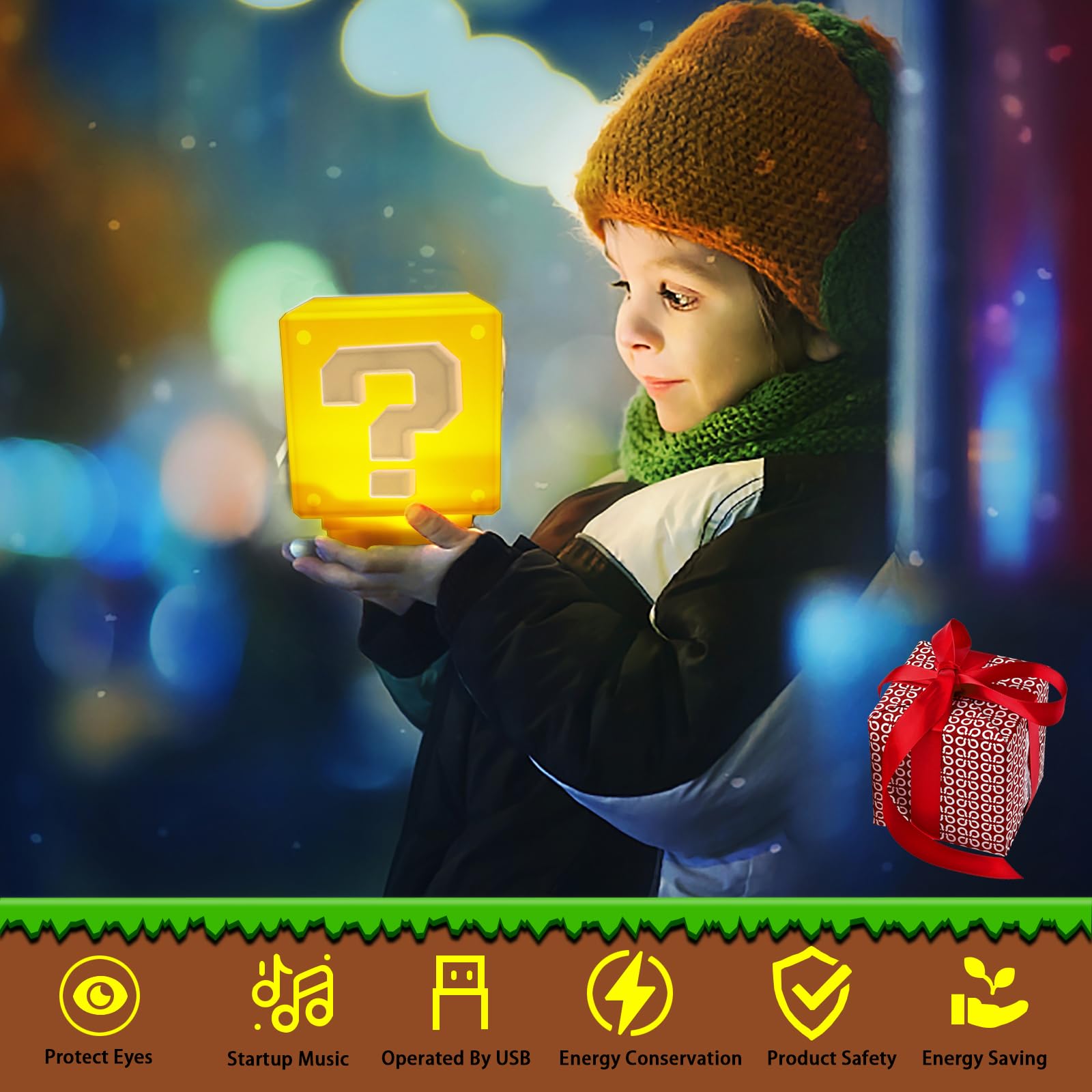 Tnokdy Super Bros Mini Night Light Question Block Toys Night Light For Kids Square Brick Usb Ith Game Sound Effects Lamp For Des