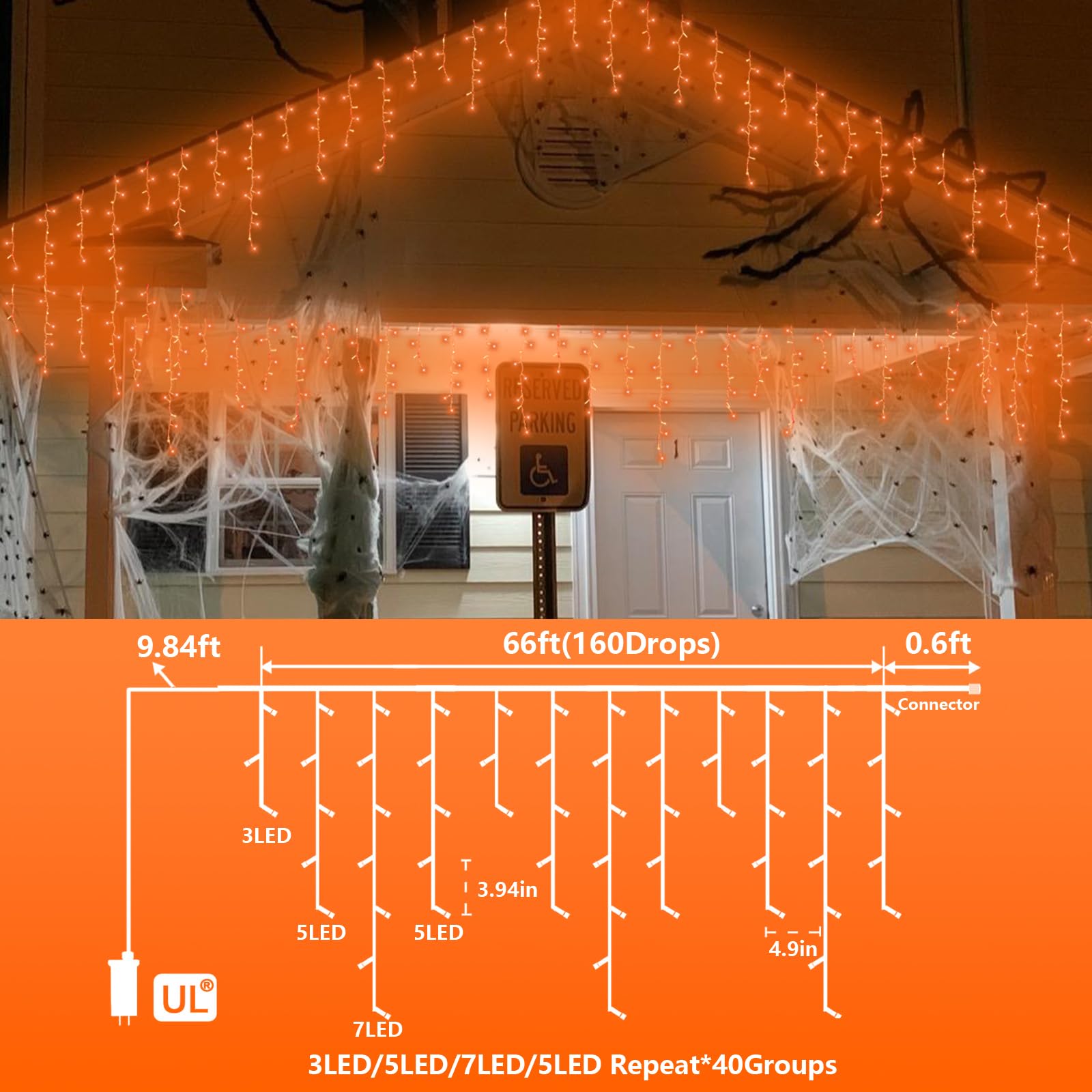 YEGUO 66ft 800 LED Outdoor Icicle Lights, Waterproof, 8 Modes, Orange, Plug-in
