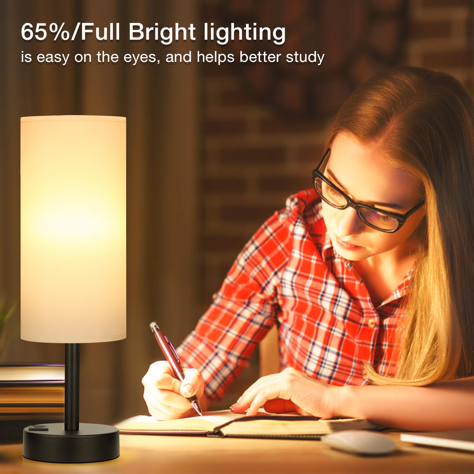 Bedside Touch Table Lamps For Bedroom Nightstand With Usb-C Usb-A Charging Ports White, 3 Way Dimmable Small Lamp Fabric Shade B