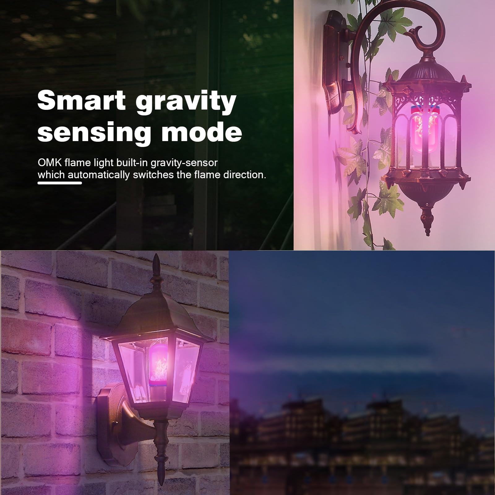 Omk ?Upgraded? Pink Smaller Led Flame Light Bulbs - Flickering Light Bulbs With Gravity Sensing, E26 Base Fire Light Bulb, Indoor Outdoor Light Bulbs, Holiday Christmas Vintage Flame Bulb Decorations