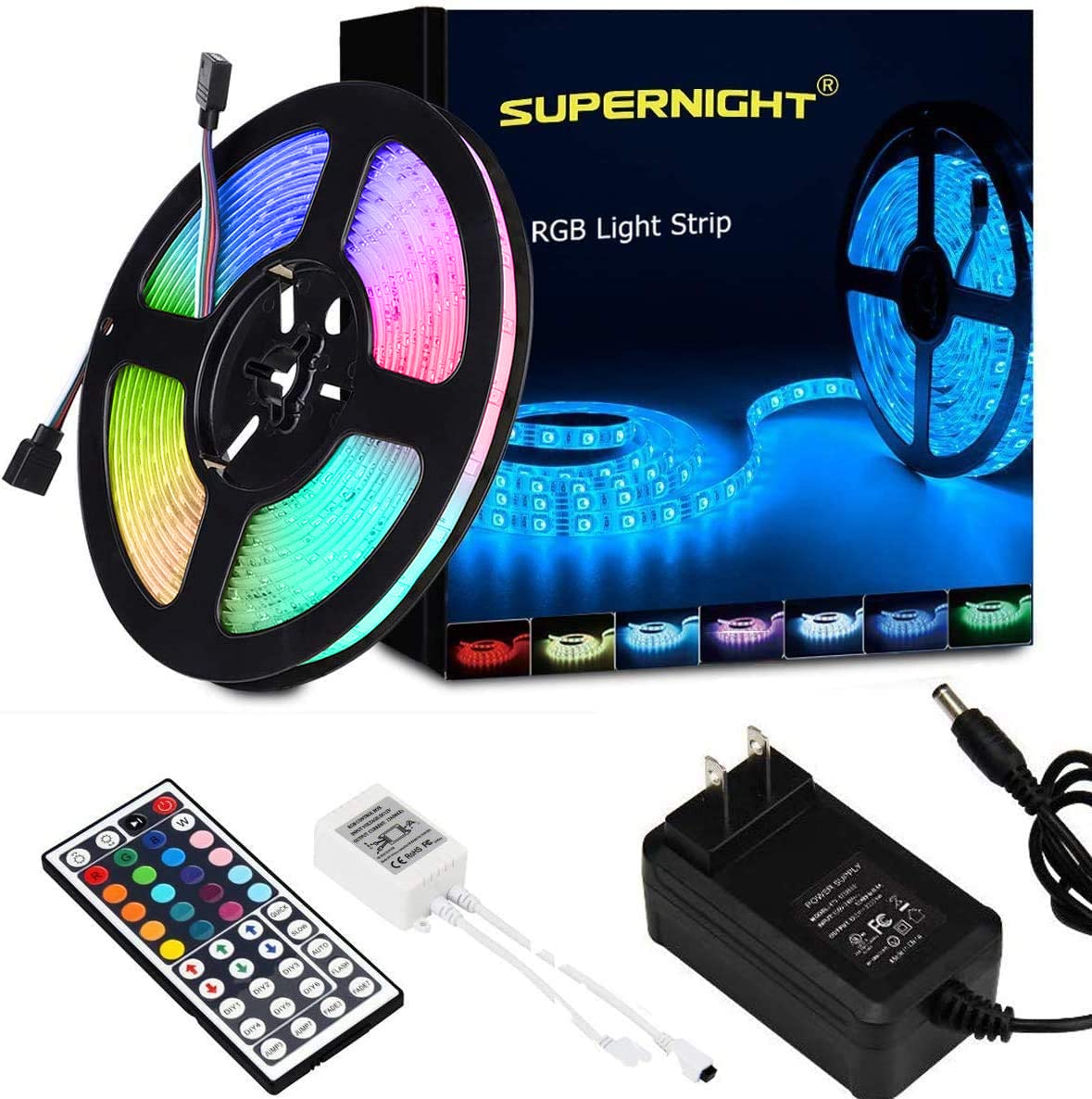 SUPERNIGHT LED Band Lights  RGB Color Changing 16.4Ft SMD5050 LEDs Flexible Light Band Rope Lighting Kit with 44 Key Remote Controller and 12V Power Supply for Bedroom TV Backlight Christmas