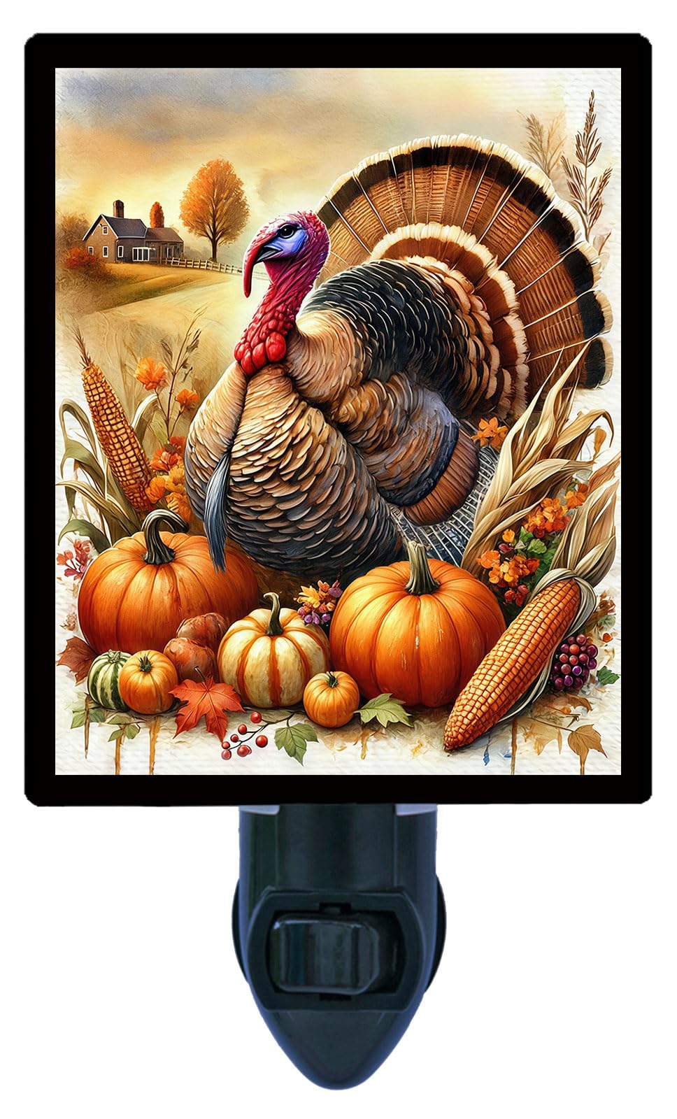 Pride Of The Harvest Night Light - Thanksgiving Turkey Design  Fully Enclosed  Rotating Plug  Glass Front  4 Watt Bulb