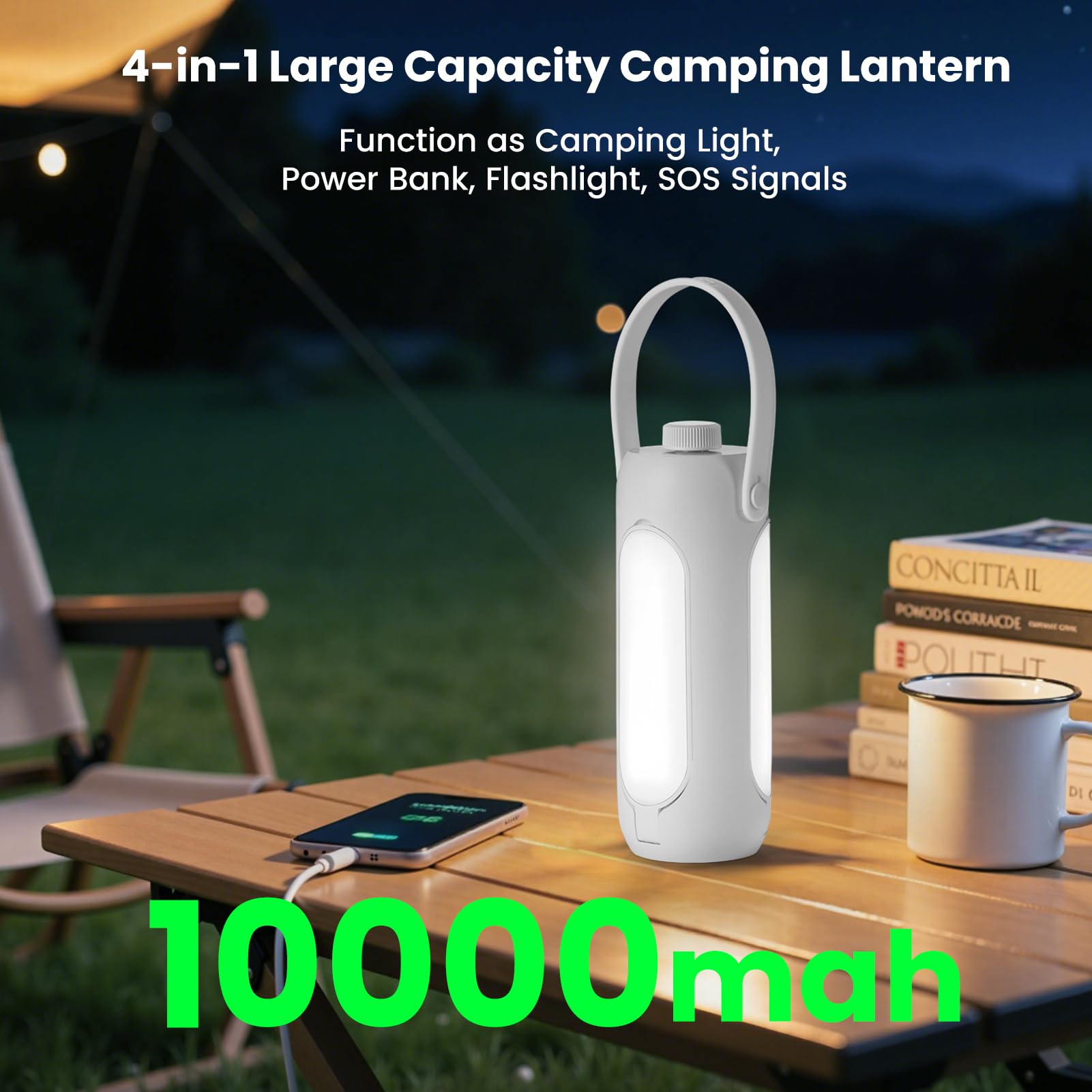 CHEE MONG 4-in-1 Camping Lantern, 10000mAh Power Bank, SOS Flashlight, 360° LED Light, White, Model DQ311