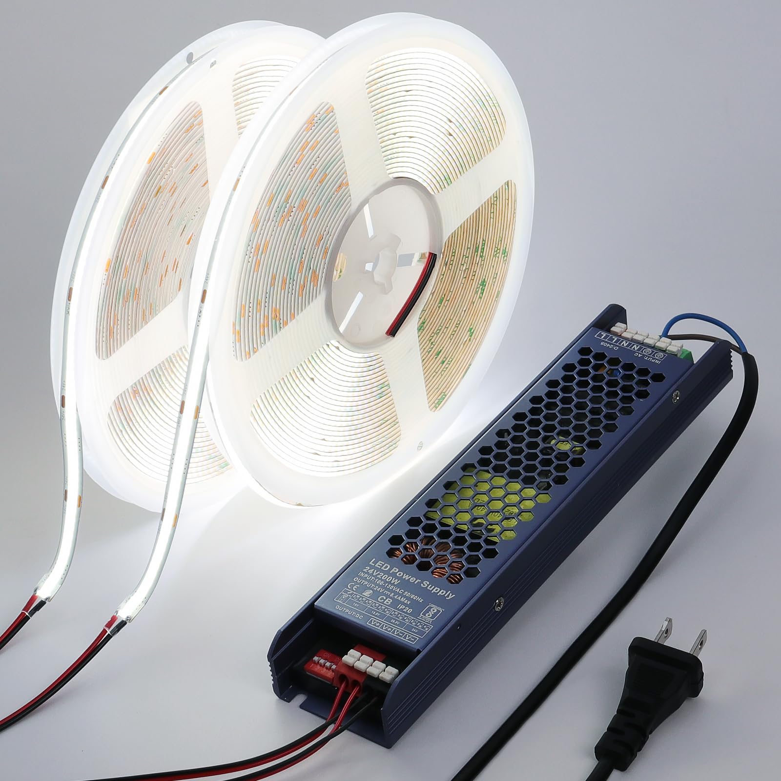 Benlun 24V Cob Led Strip Light 65.6Ft (2 Rolls Of 32.8Ft) Kit, 6000K Cool White Cuttable 11W/M 312Leds/M Cri 93 Led Tape Lights With Power Supply For Bedroom Kitchen Living Room Ceiling