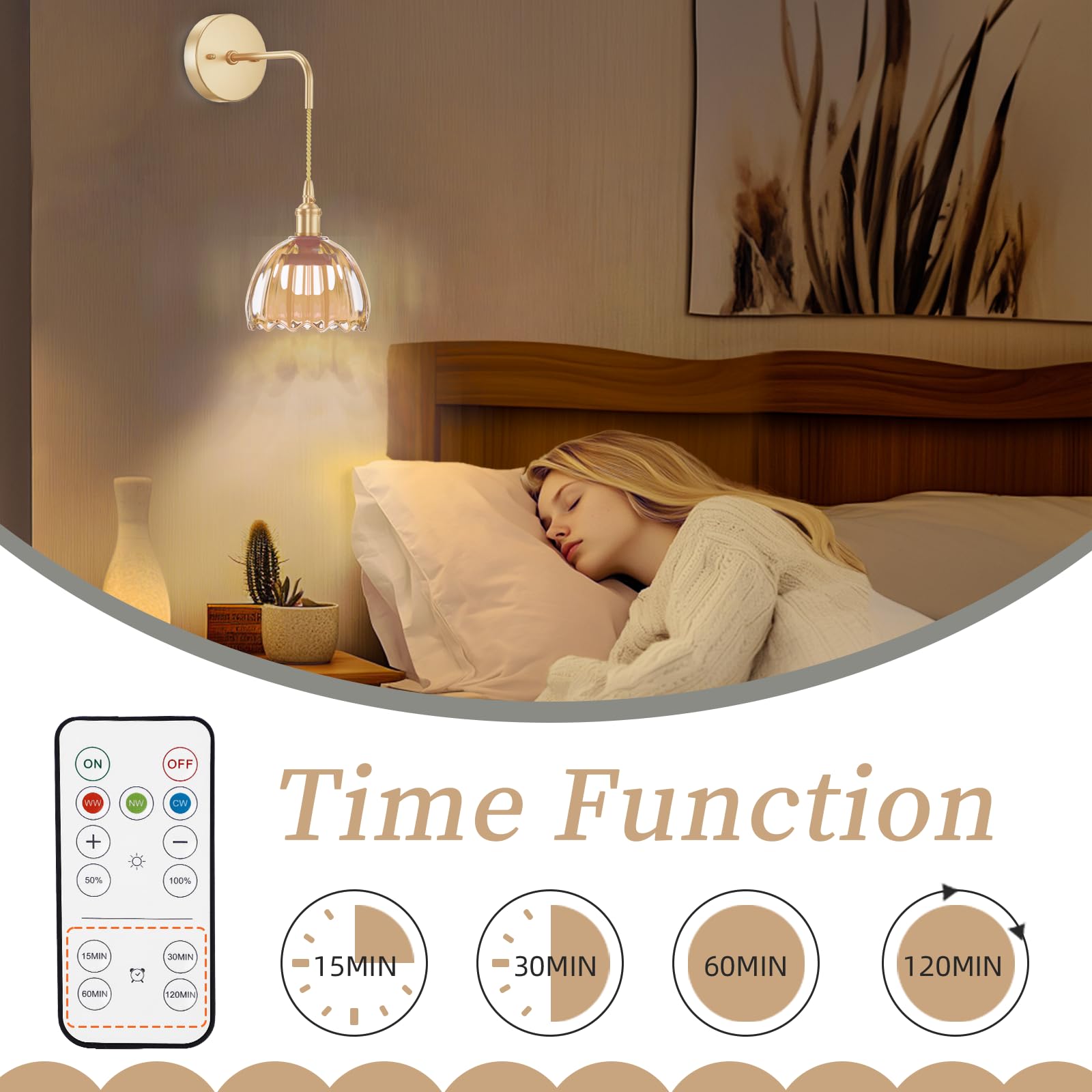 Kavedod Battery Operated Wall Sconces Cct Dimmable Wireless Sconces Set Of 2, Vintage Light Fixture With Amber Tulip Glass Lamps