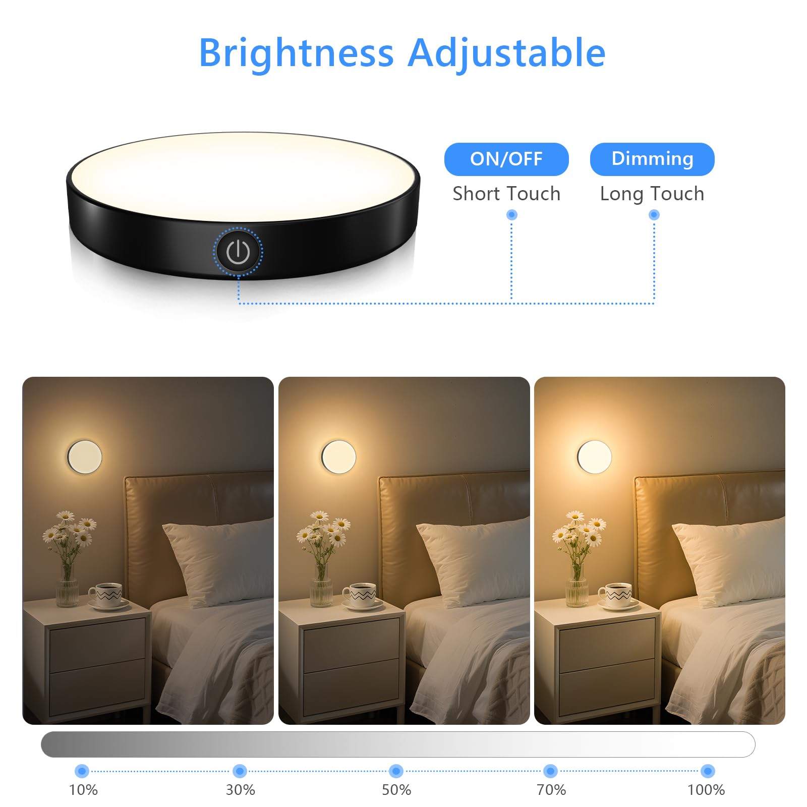 Ferswe Dimmable Touch Light, LED Night Light, Rechargeable, 3000K, 1000mAh Battery, Black, Model F-US007, 2 Pack