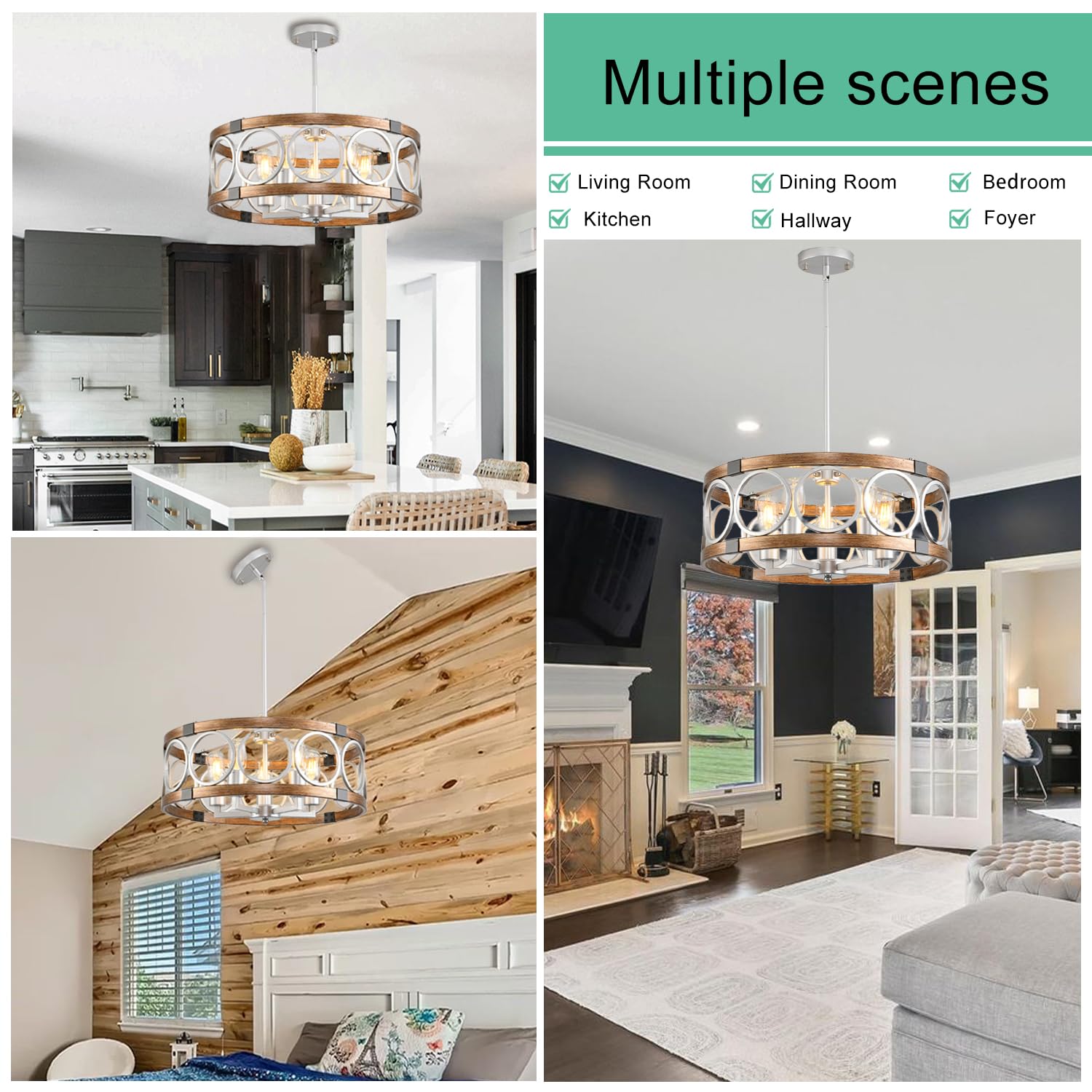 SHIANDAR Flush Mount Ceiling Light, 5-Light Silver Drum Chandelier, Modern Farmhouse Pendant for Kitchen, Model TYdk-mw All240206