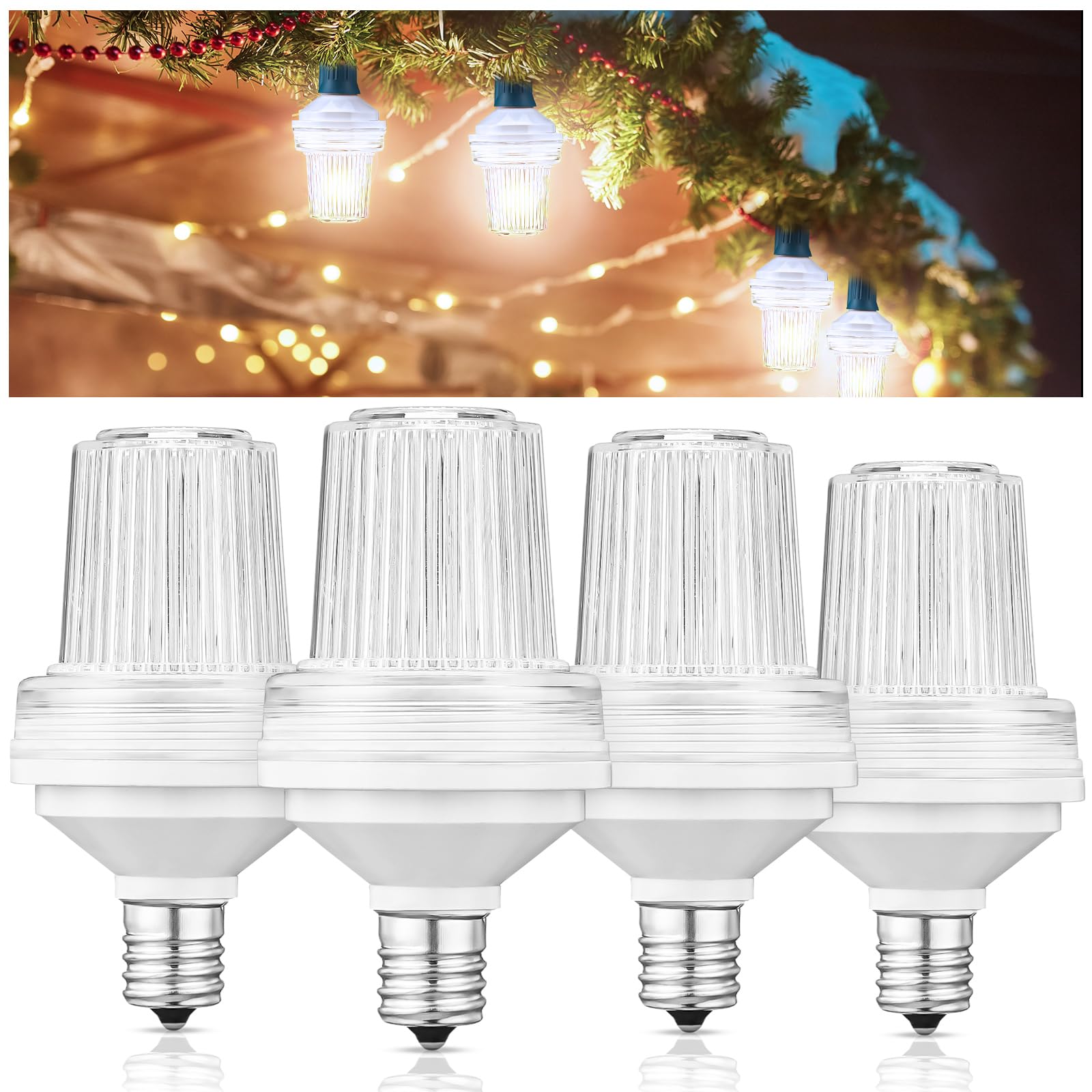 Rossesay 4 Pcs 120v Strobe LED Lights Bulbs Outdoor C9 Replacement Stroboscopic Bulbs E17 Base 6000k Waterproof Bright Flashing 