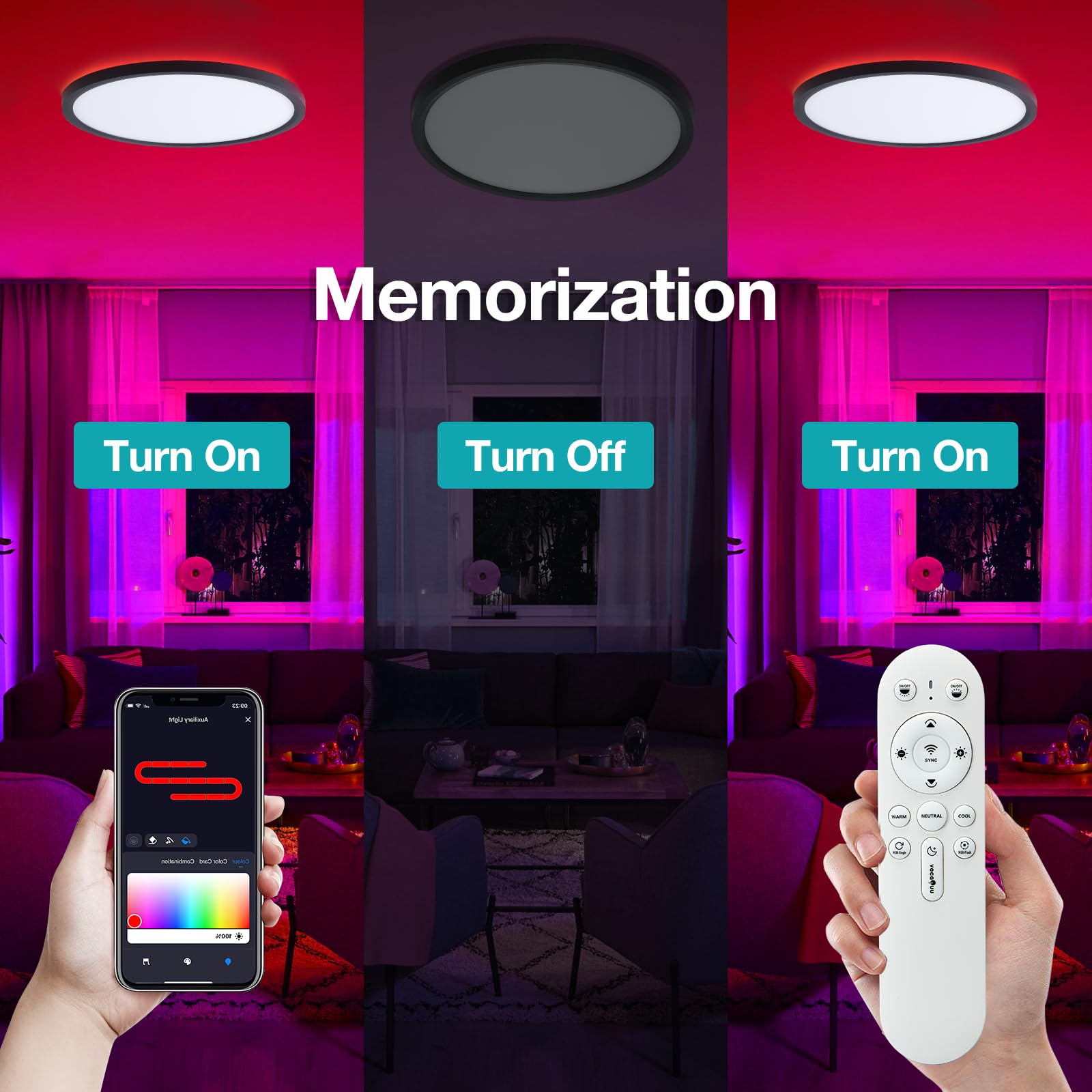 VocgoUU Smart Ceiling Light 12" RGB, Dimmable LED, WiFi & Tuya App Compatible, Black, Model VU-RGB-0703