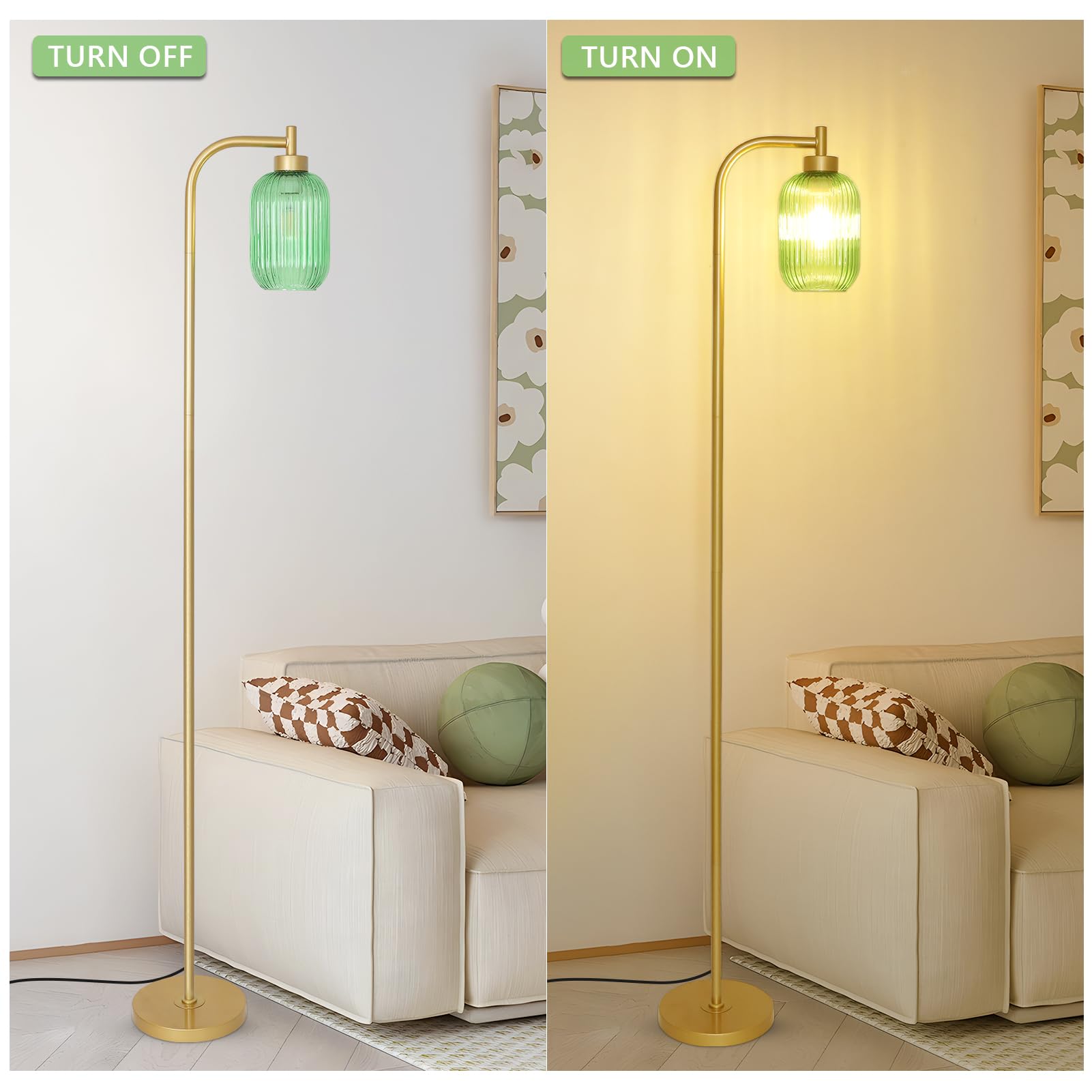 LAMSU Glass Floor Lamp - Modern Gold Standing Lamp with Green Stripe Shade, LED Bulb, Foot Switch, Minimalist Design for Living Room & Bedroom