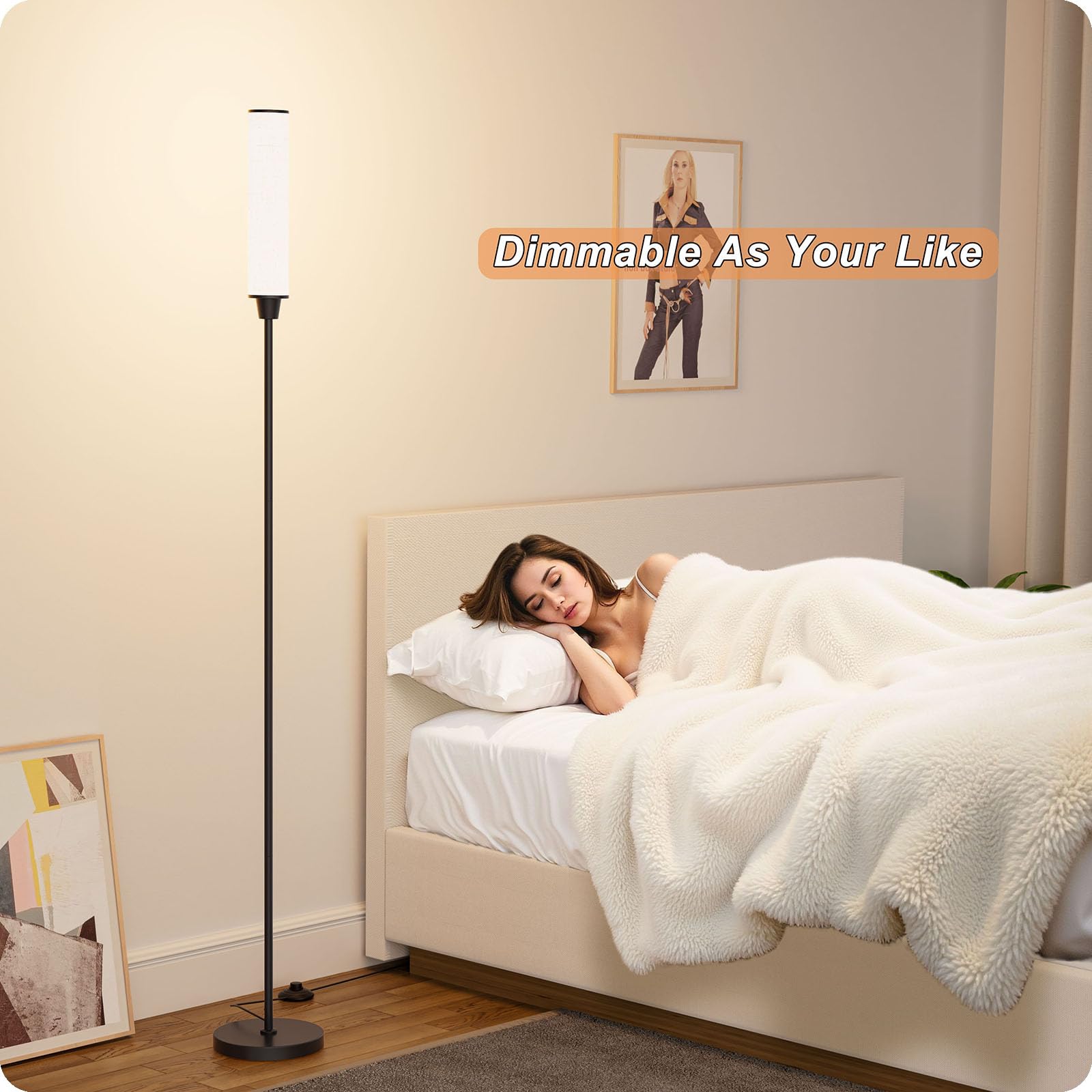 Nukanu Floor Lamp with Remote Control, Stepless Adjustable 3000K-6000K, Black+Beige Linen, Model FLP-DHY