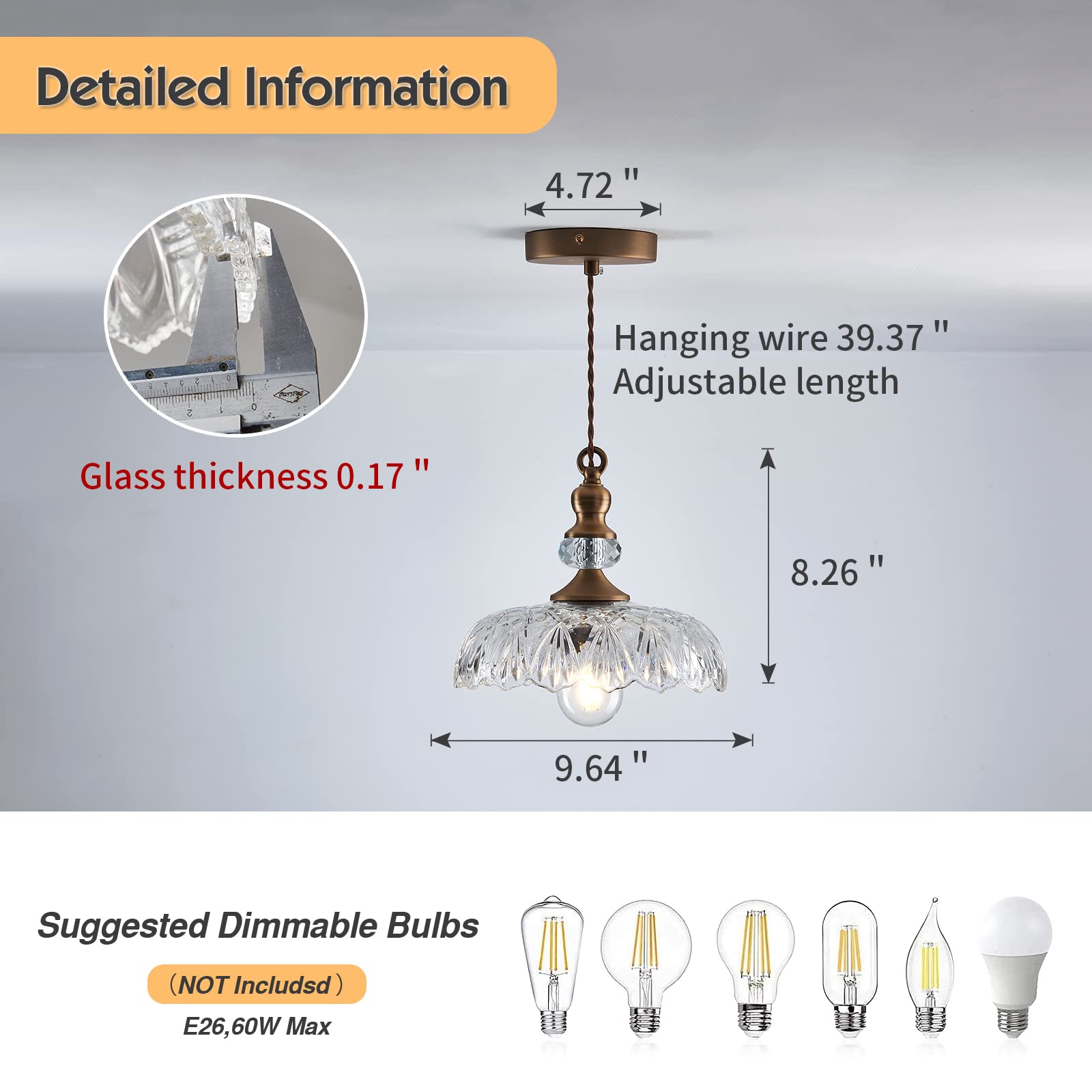 Cvkash Vintage Glass Pendant Light Fixture - Brass Adjustable Chandelier For Home, Kitchen, Dining Room