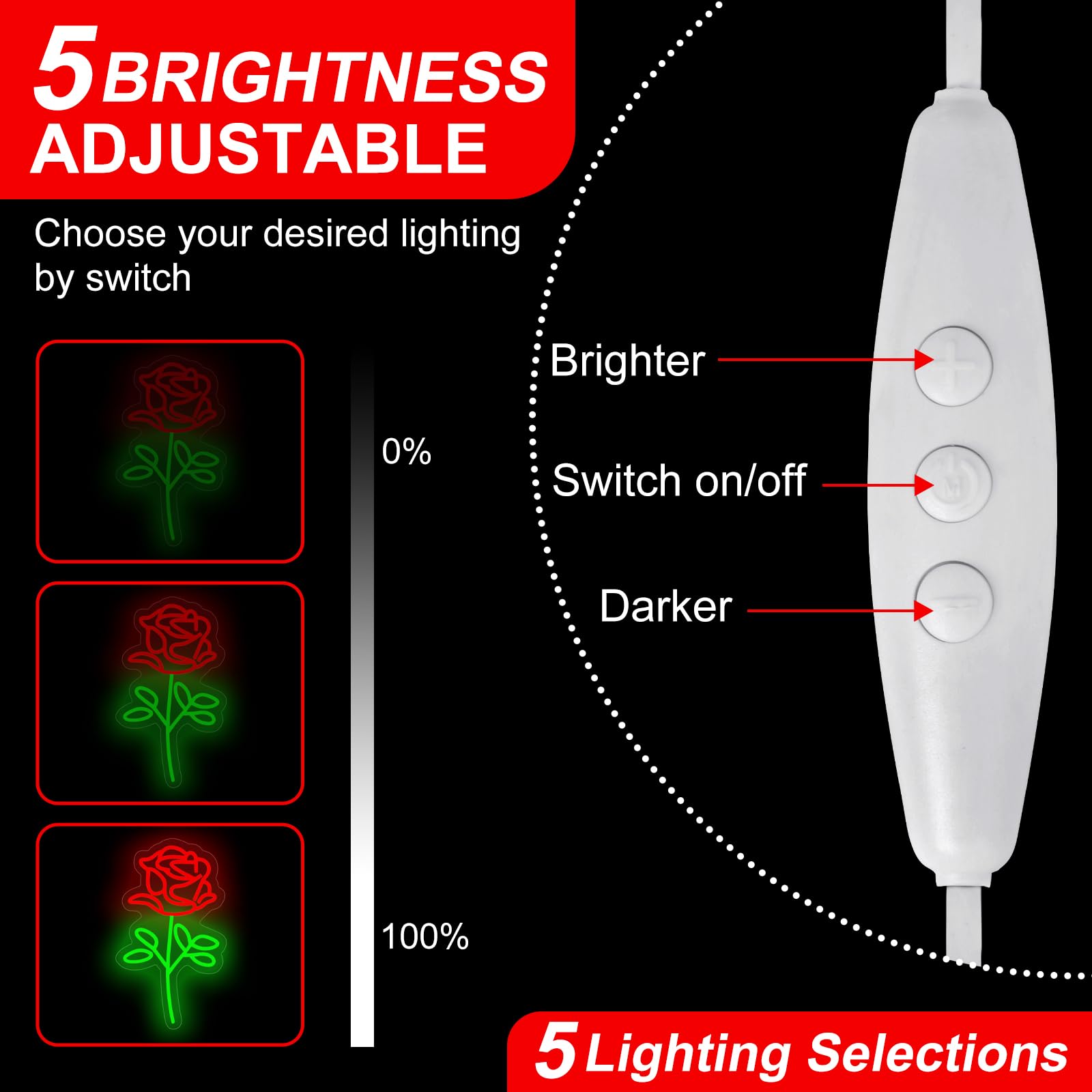 DMDMBSR LED Neon Light Sign - Red Rose Flowers, USB Dimmer, Acrylic Back Panel, 15.7inx9.1in, Home Decor, Party, Wedding, Night Lamp