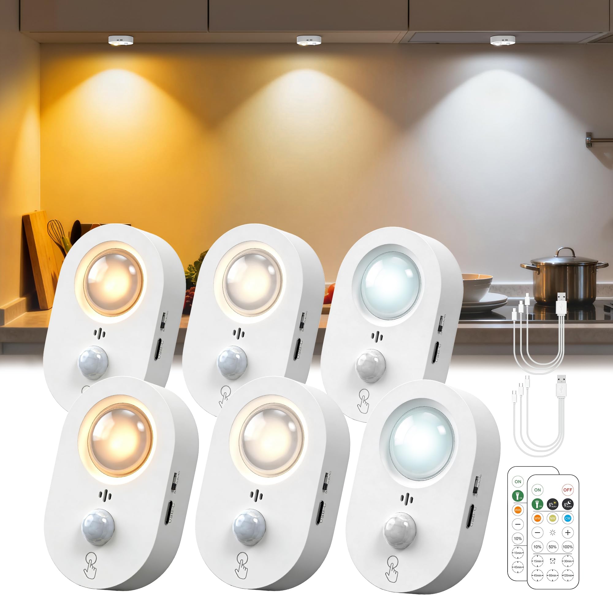 LOHAS 6-Pack Rechargeable Motion Sensor LED Puck Lights, Stick-On Wireless Magnetic Night Lights with Remote, Adjustable Brightn