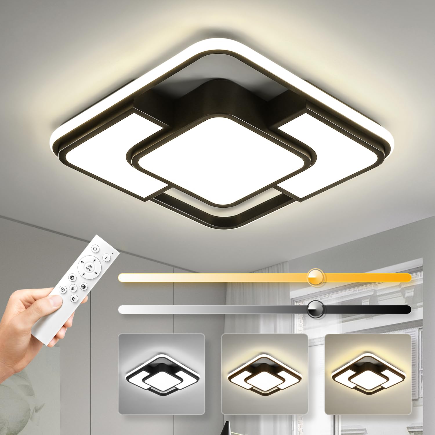 62W Dimmable Led Flush Mount Ceiling Light Fixture With Remote Control, 3000K-6500K 3-Color Chandelier Modern Lamp Black, 15.74I