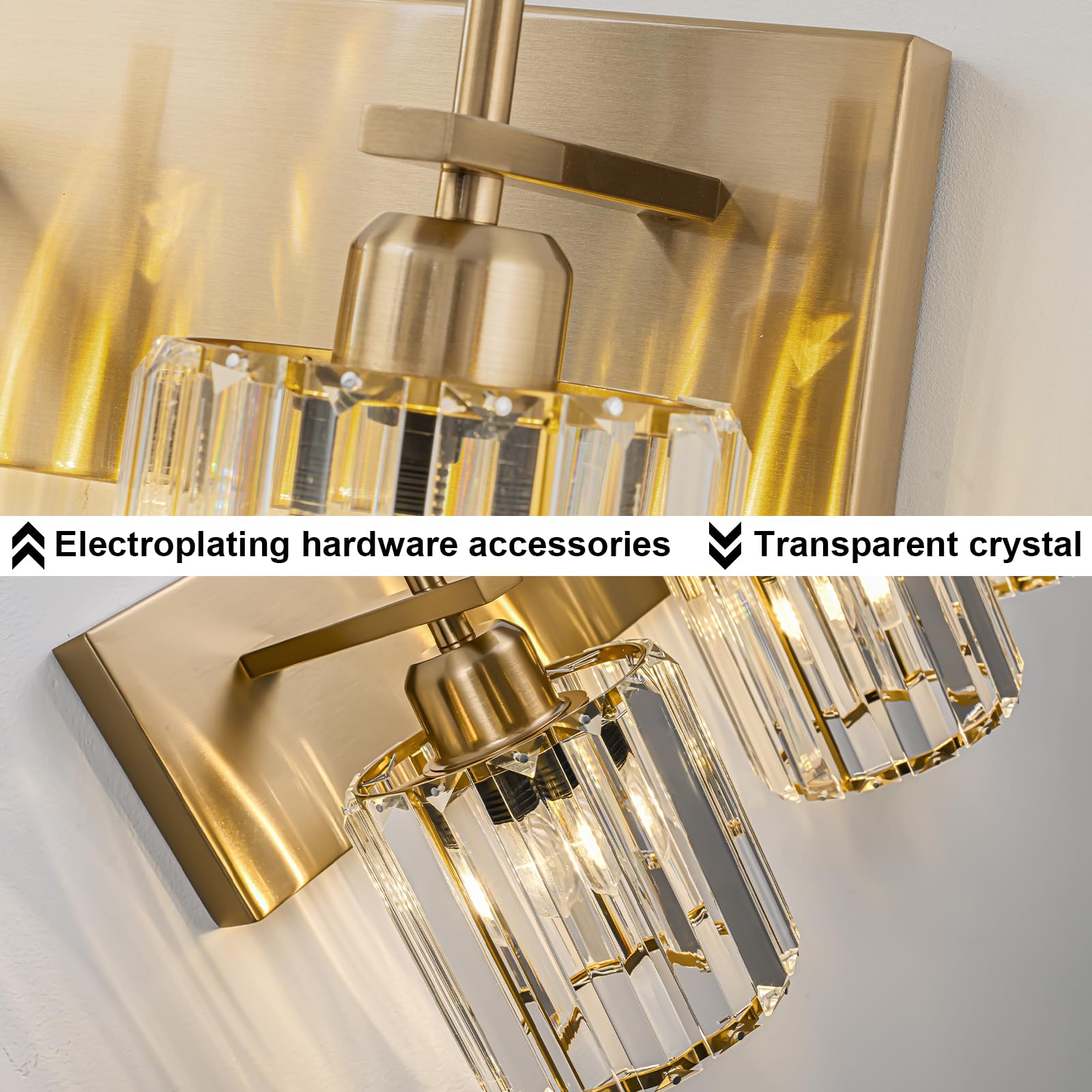 HUOKU Bathroom Vanity Lights, 3-Light Crystal Wall Lighting, Gold Finish, Metal and Crystal, Over Mirror Fixture