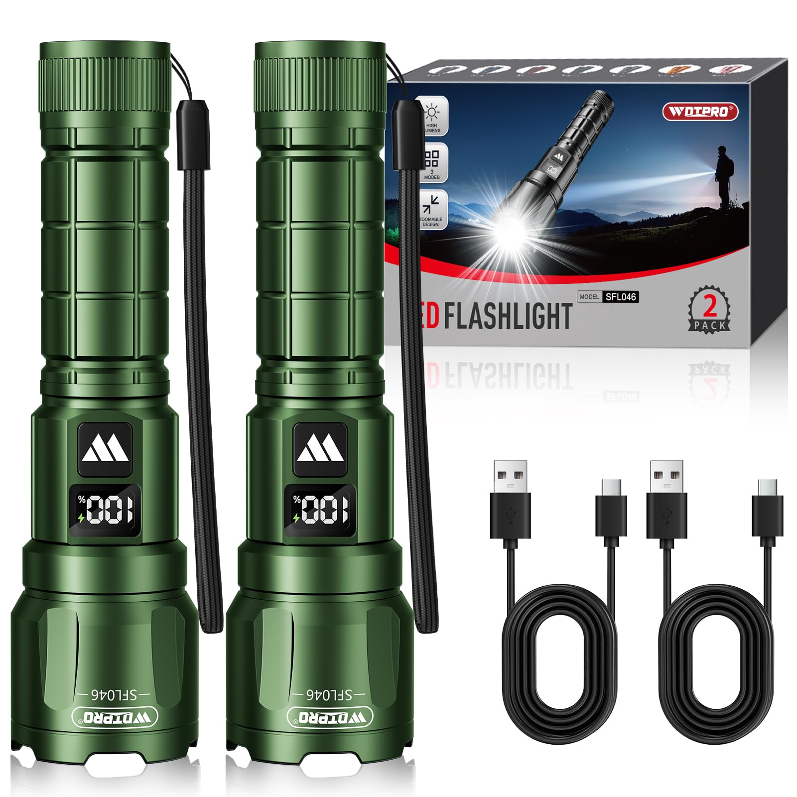 WdtPro LED Rechargeable Flashlight 2 Pack  Super Bright Zoomable 6000 Lumens Tactical Flashlight with LCD Digital Display  3 Mode Waterproof Flash Light for Camping  Hunting & Home Emergency - Green
