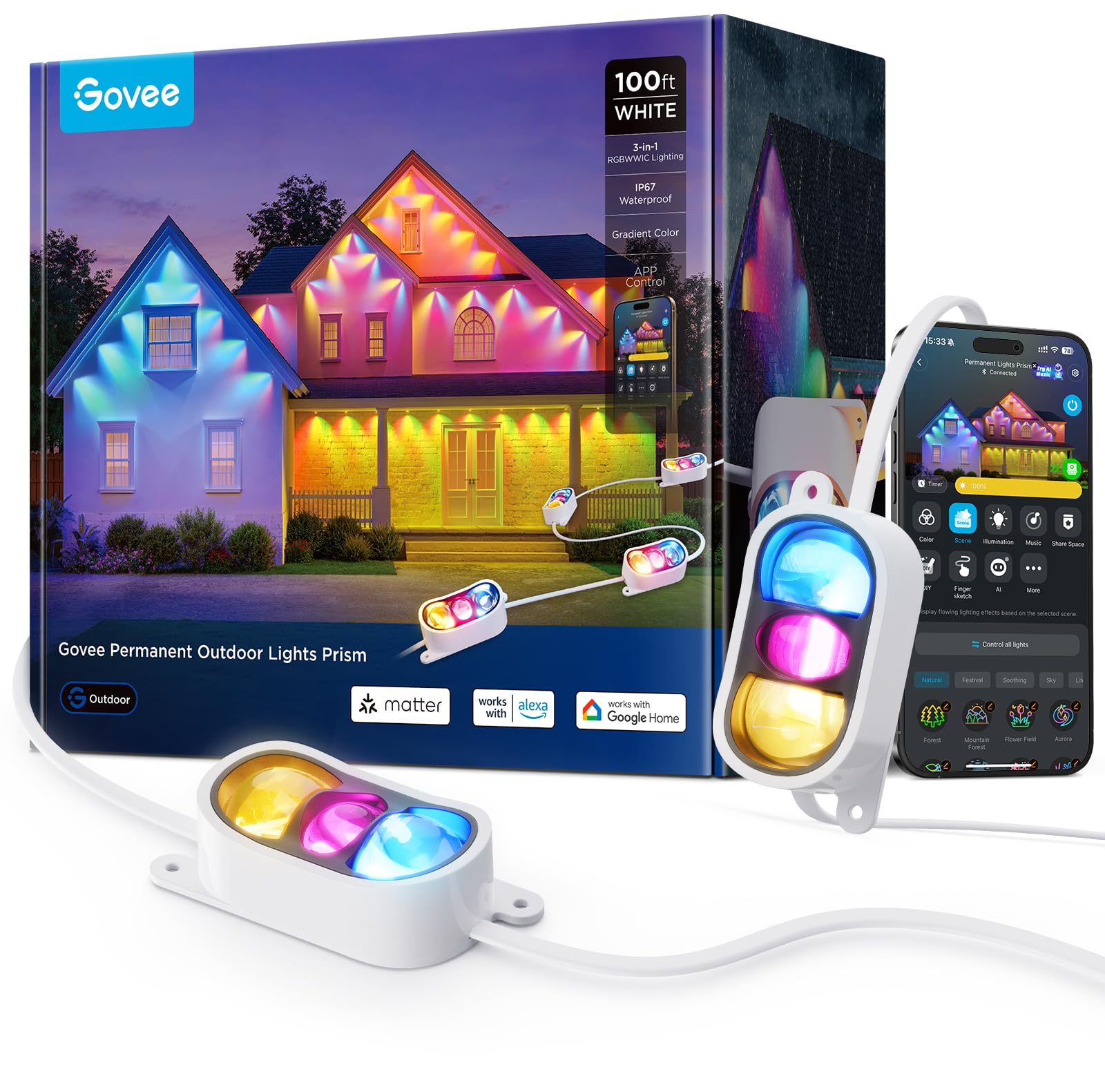 Govee Outdoor Lights Prism, 100ft, 36 Triple-Color Heads, 100+ Scene Modes, IP68 Waterproof, Works with Alexa, Google Assistant, White