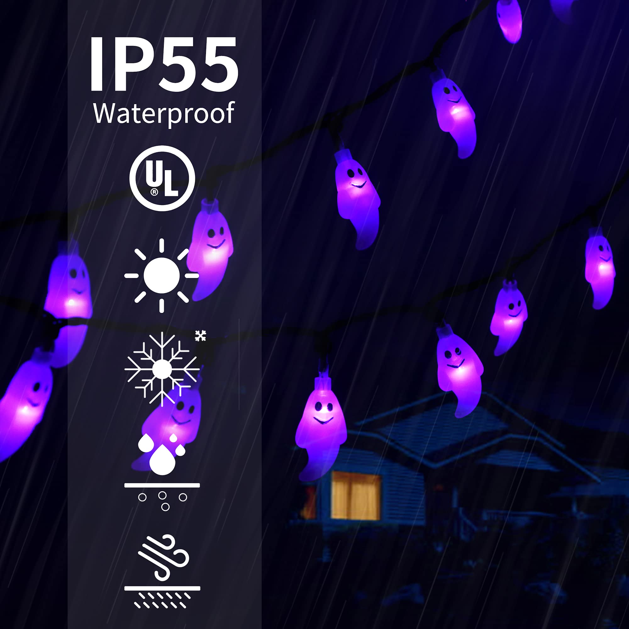 Recesky 60 Led Halloween String Lights - 19.4Ft Purple Ghost, 8 Modes For Outdoor Decor