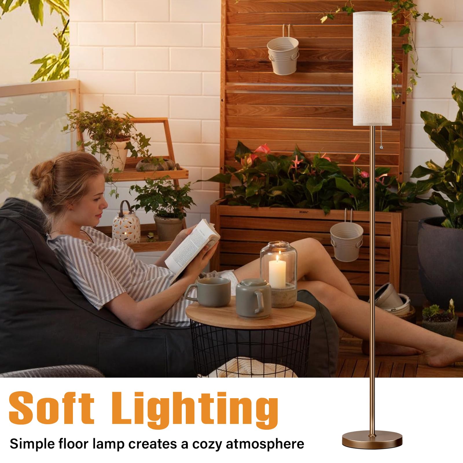 Ambimall Floor Lamp with Linen Shade, 64in Tall, Dark Beige & Brown, Iron, Model RPT-ZGB20207