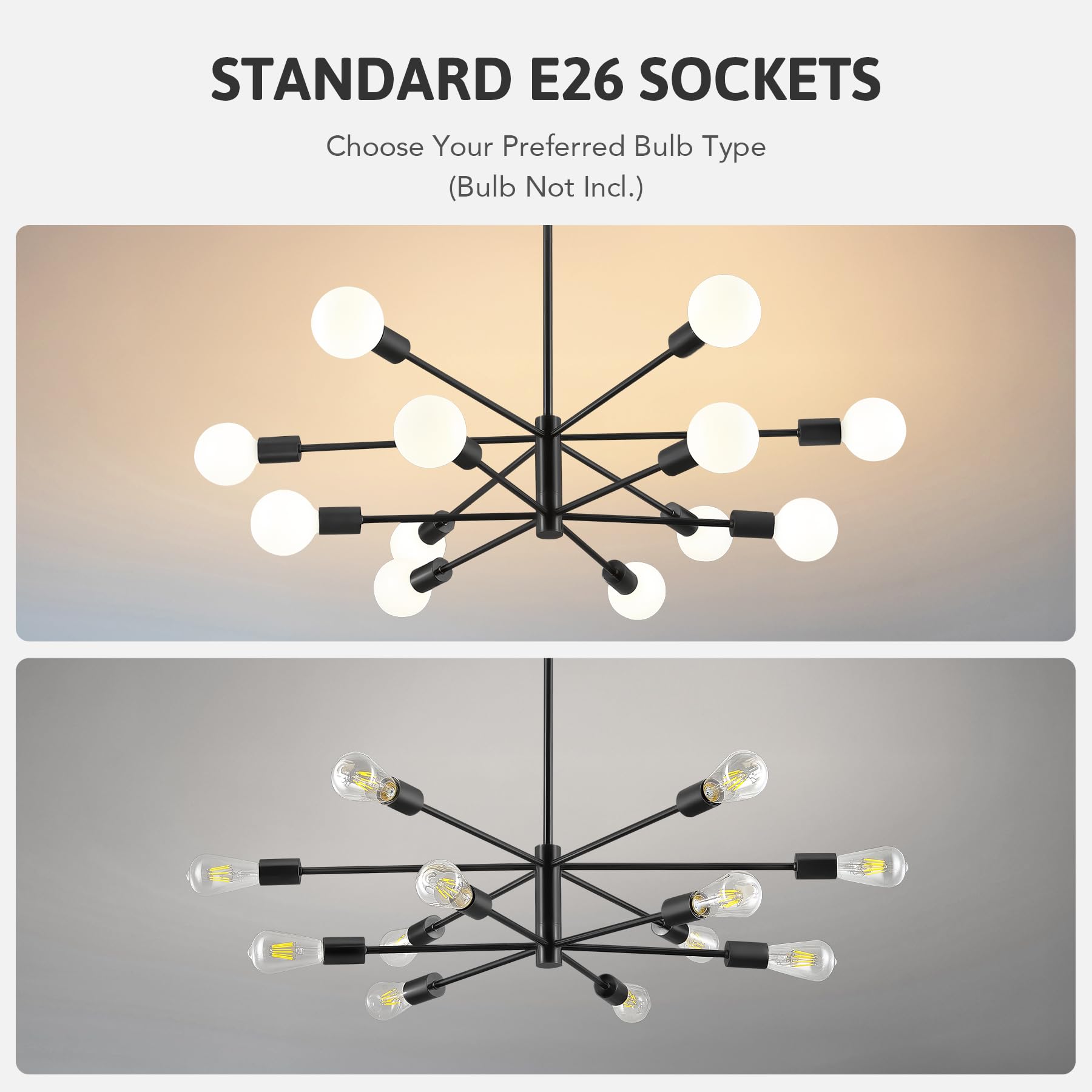 Vonluce 12-Light Sputnik Chandelier, Black Chandelier For Dining Room, Height Adjustable Modern Chandelier Over Table For Living