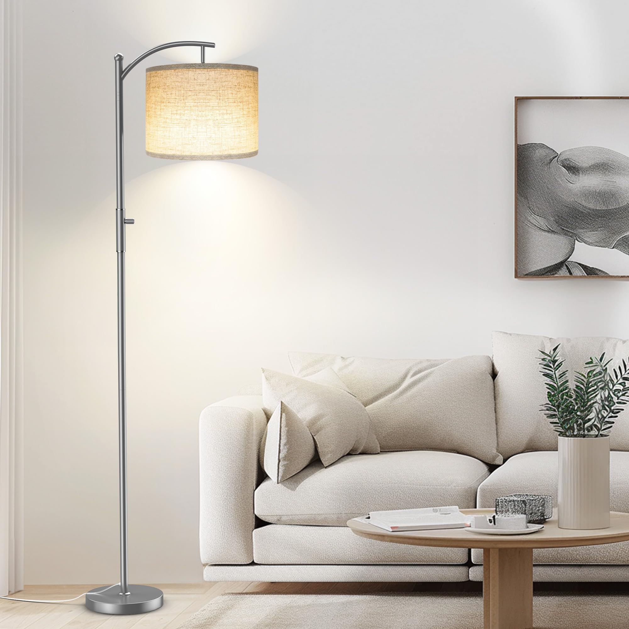 Rottogoon Dimmable Floor Lamp, Arc Floor Lamps For Living Room, Stepless Dimming Modern Standing Lamp With Linen Shade, Tall Lam