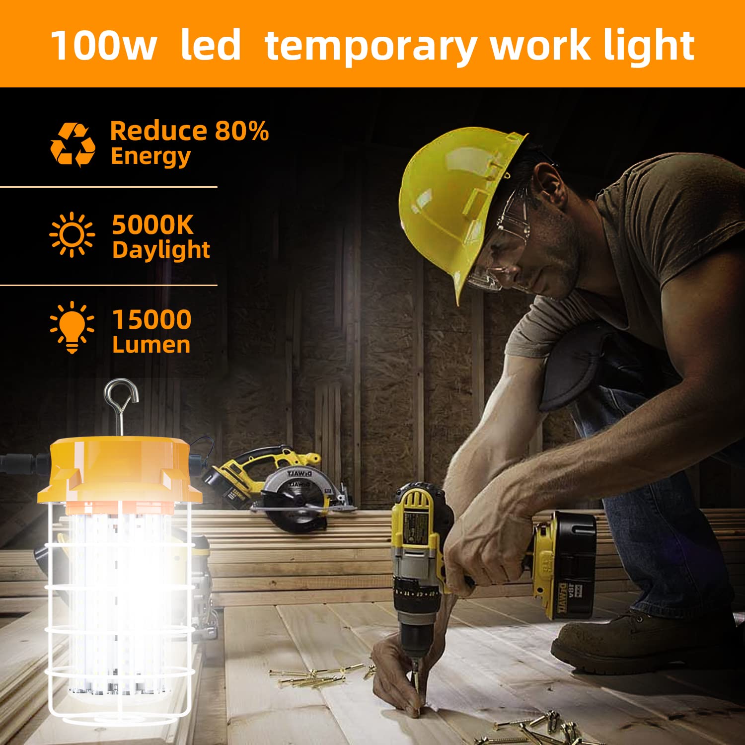 Led Temporary Work Light 100W 15000Lm 5000K Daylight White High Bay Led Construction Light With Hook Portable Linkable Durable L