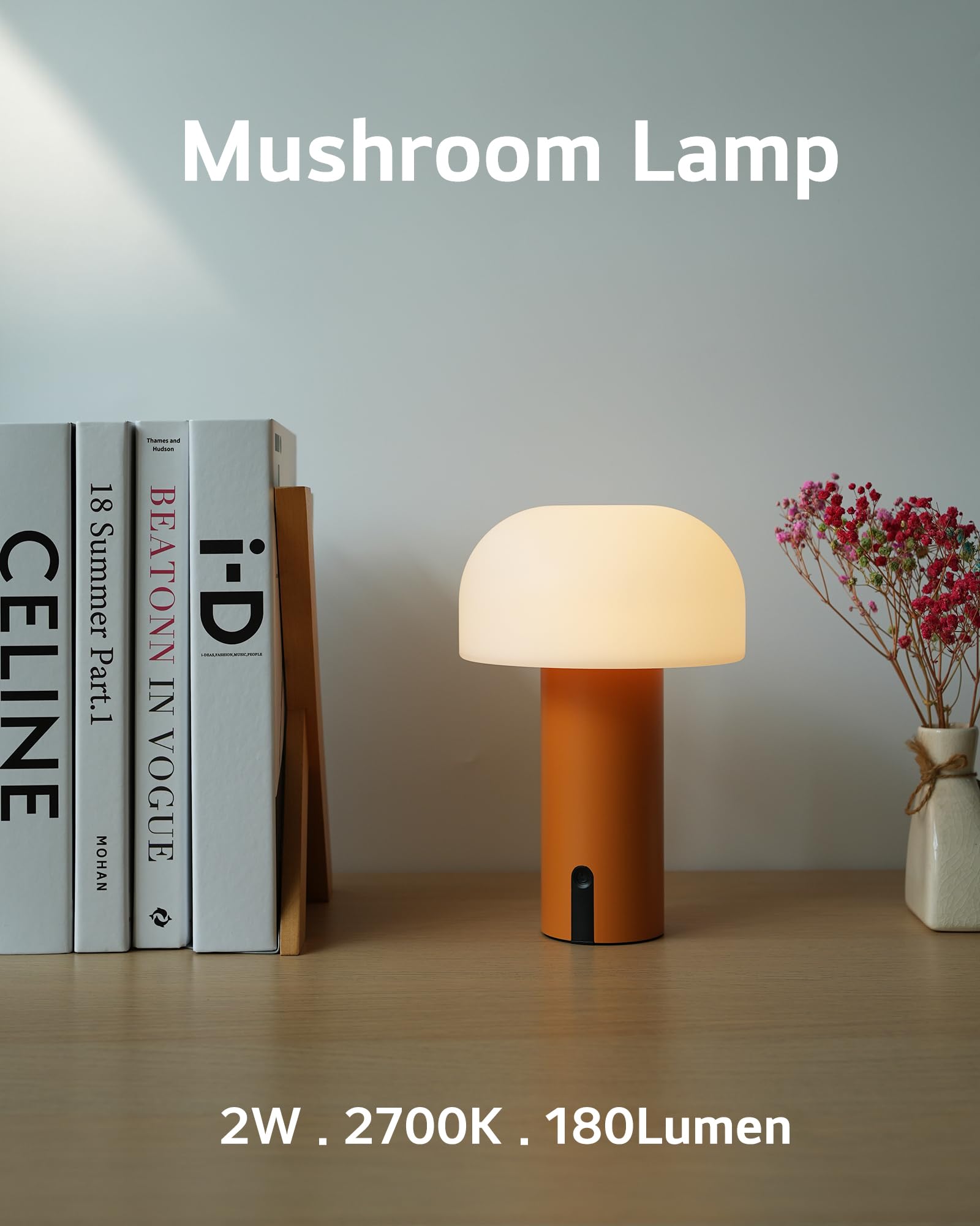 WEILAILUX Cordless Mushroom Table Lamp, Waterproof, Rechargeable, Touch Dimmable, Orange, Model WL-3760