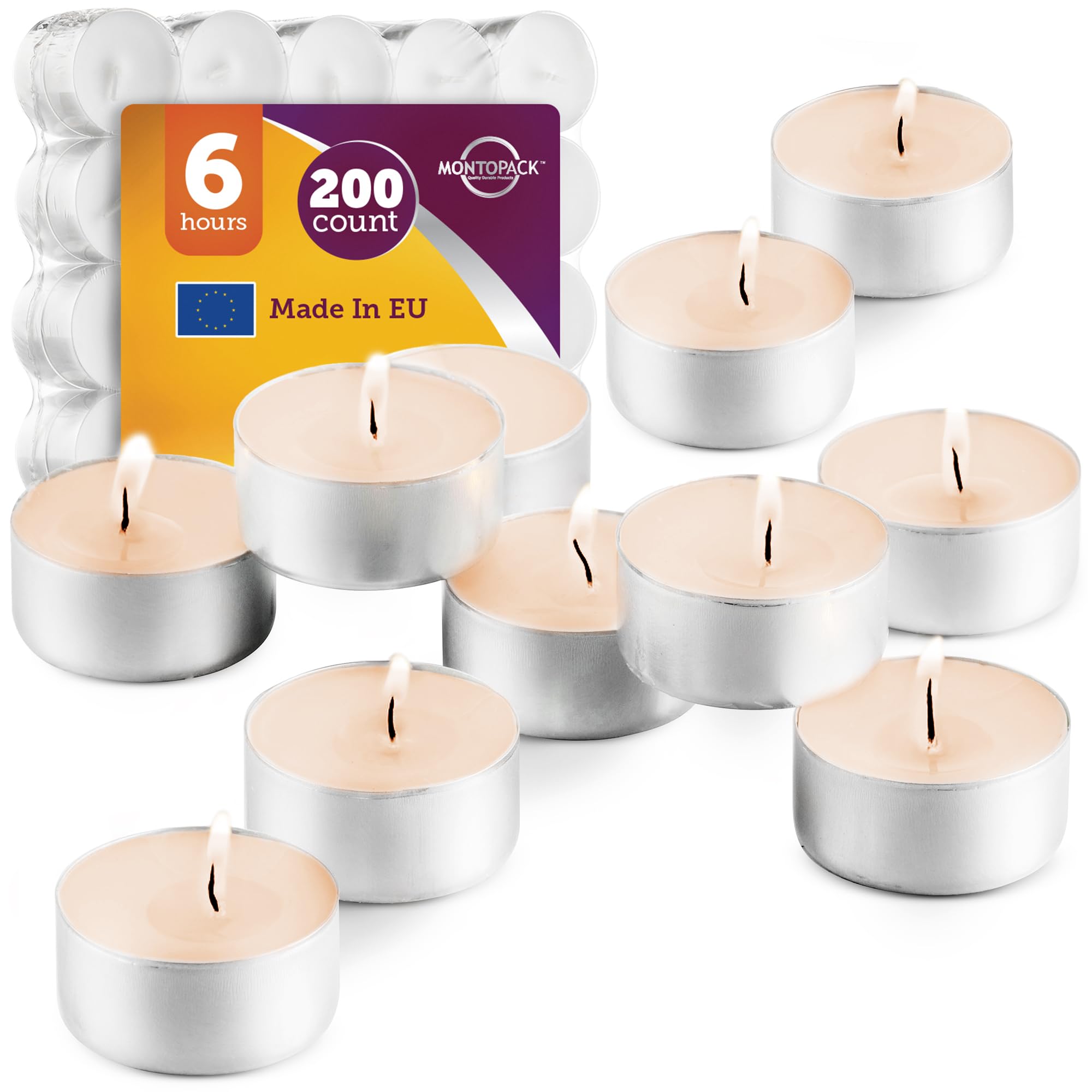 MontoPack Unscented White Tealight Candles Bulk [200] | 6 Hours of Smokeless, Dripless, Long Lasting Burning Paraffin Tea Lights | Small Votive Mini Candles for Home, Shabbat, Weddings & Emergencies
