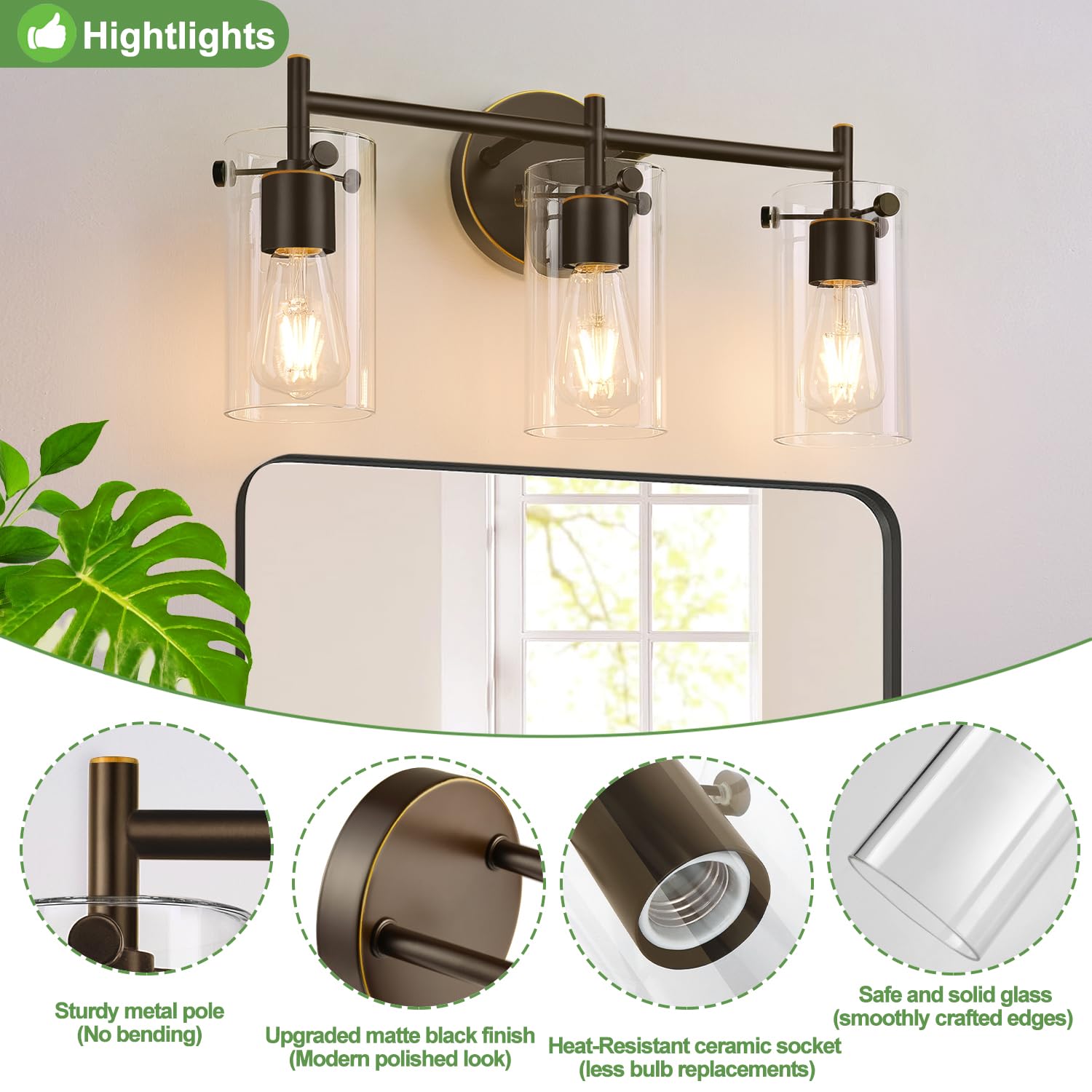 Indoi 3-Light Bathroom Light Fixtures 2023 Upgrade, Oil-Rubbed Bronze Modern Vanity Lights With Clear Glass Shade, Bathroom Wall