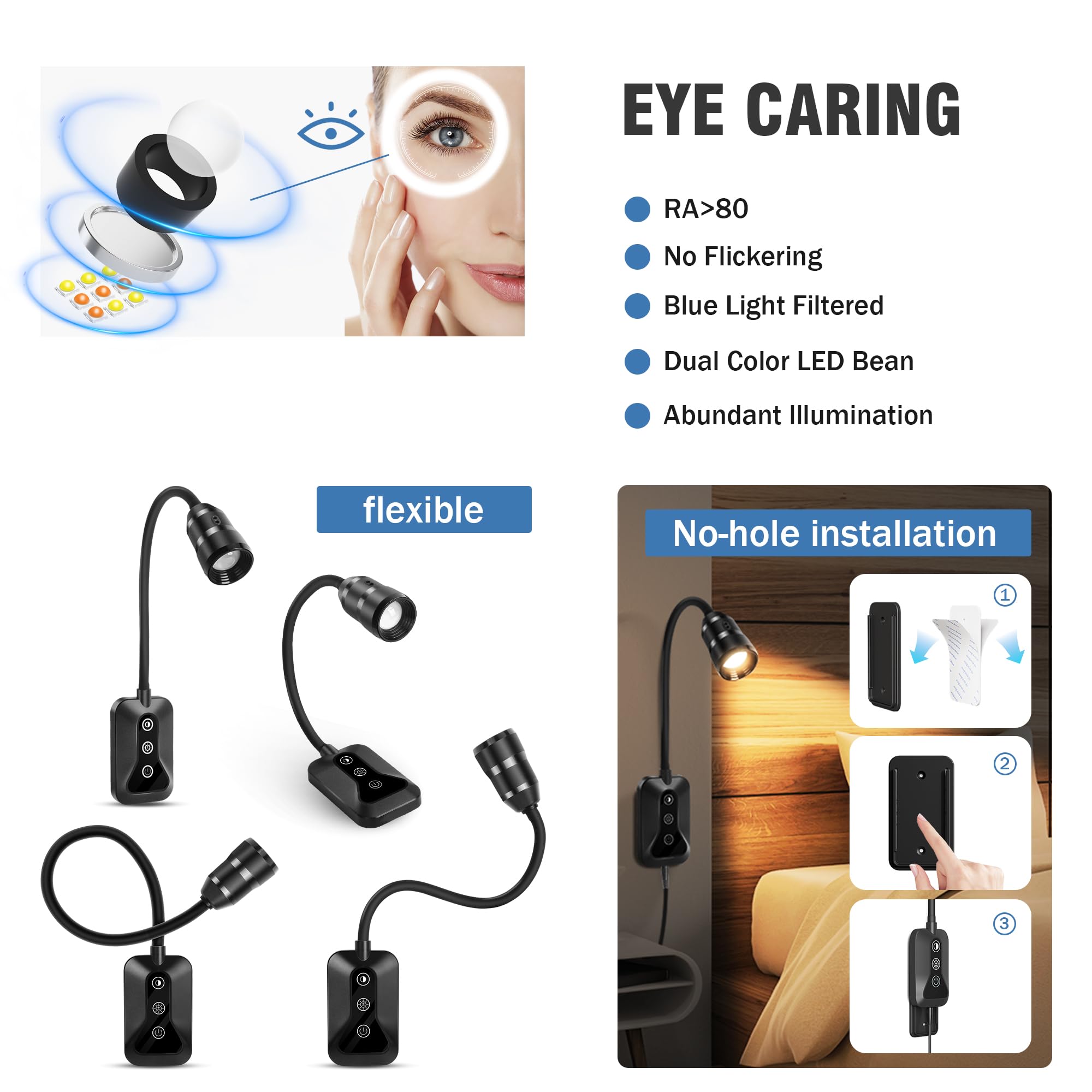HUAEU Wall Mounted Reading Light, LED Dimmable Touch Control, Flexible Gooseneck, 2 Pack, Black, Model XCWL001