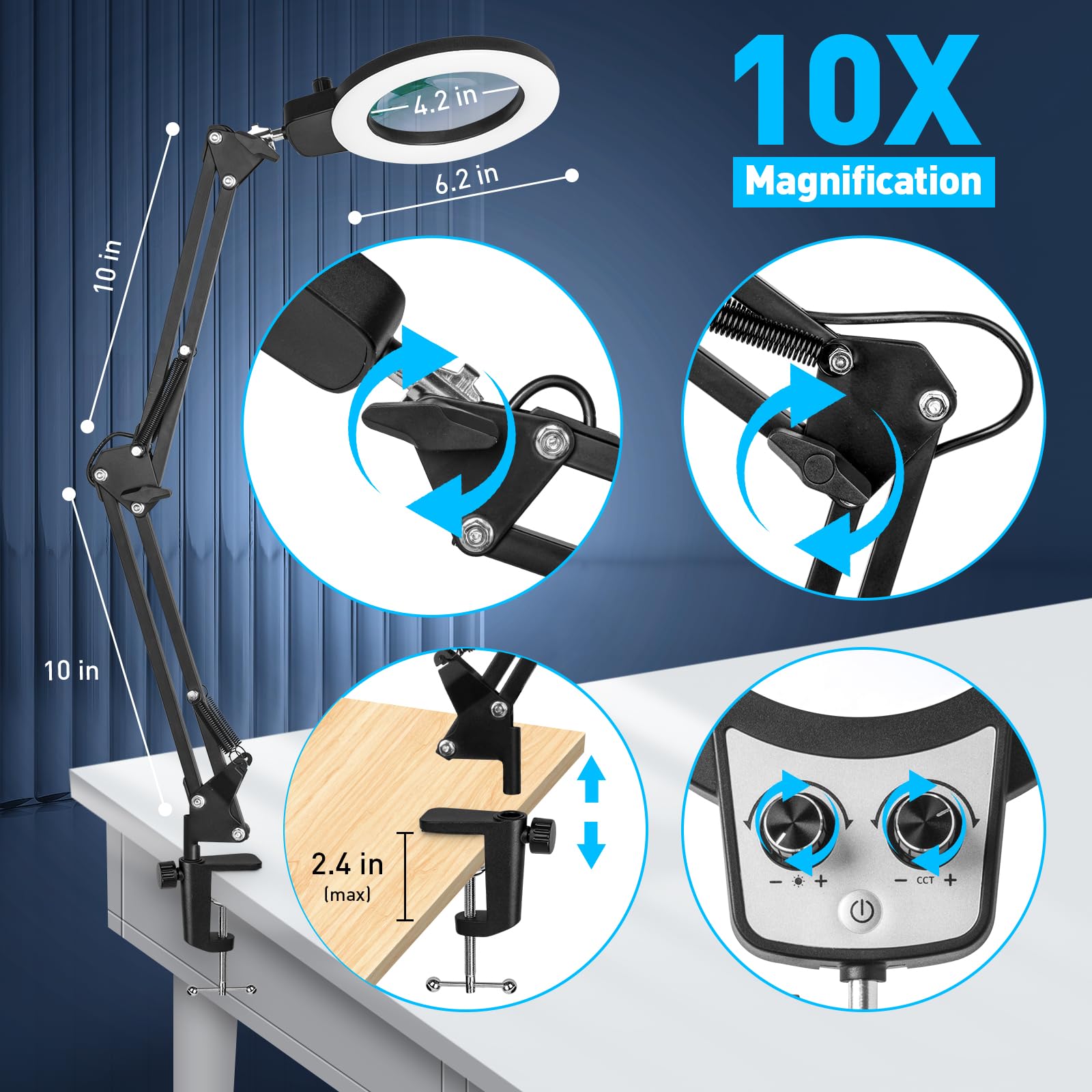 Kirkas 10X Magnifying Glass With Light, Kirkas Any Color Modes & Stepless Dimming Led Magnifying Lamp With Clamp, Hands Free Lig