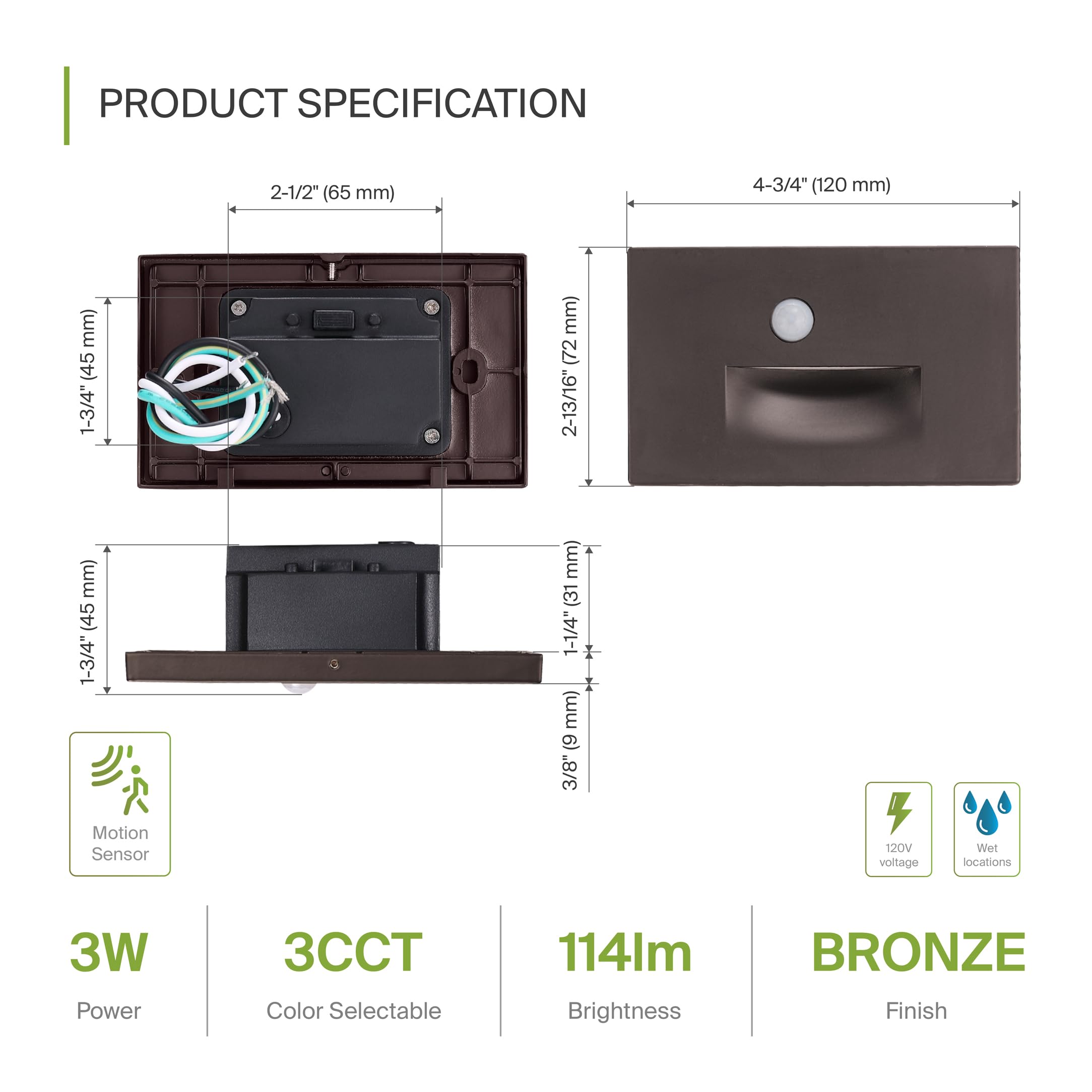 ASD LED Recessed Step Light Fixture, 3W 120LM, 3000K-5000K, Motion Sensor, 4.75 Inch, Oil-Rubbed Bronze,