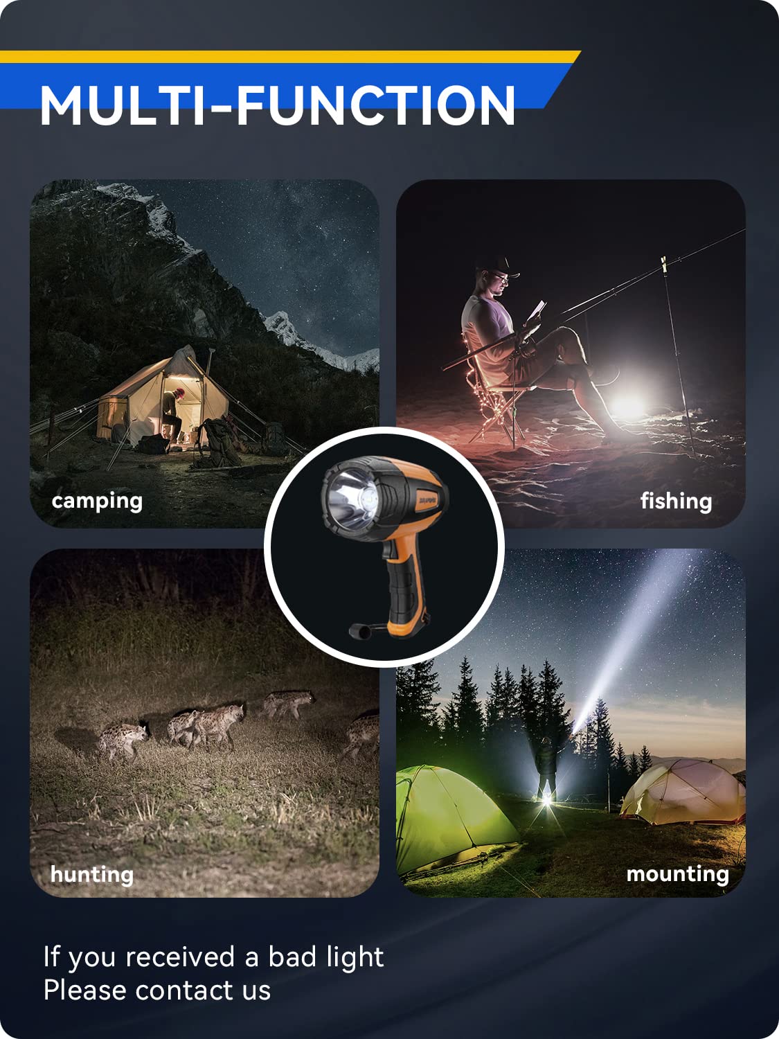Durapower 60000 Lumens Rechargeable LED Spotlight, IP44 Waterproof, Handheld Flashlight, Orange, Model AM17-2203