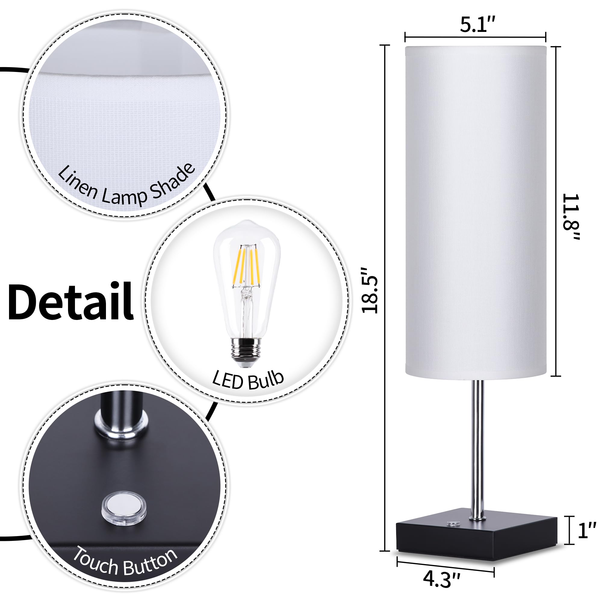 AVV Cordless Table Lamp - 5000mAh Battery, Touch Control, 3 Modes, 18 Inch, White, Model RD-BTL4W-003