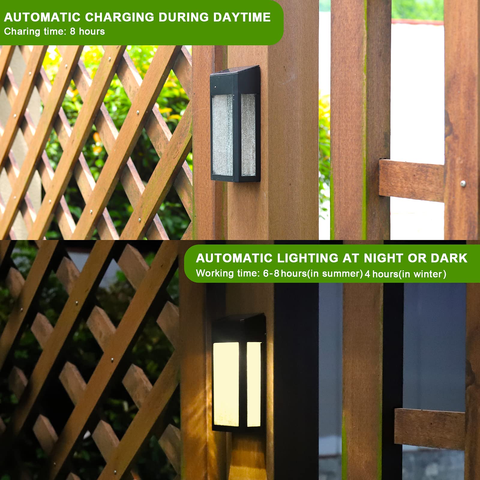 GOODFOEVER Solar Fence Lights 4 Pack, Waterproof Aluminum & Glass Wall Light, Black, for Outdoor Yard, Porch, Garage