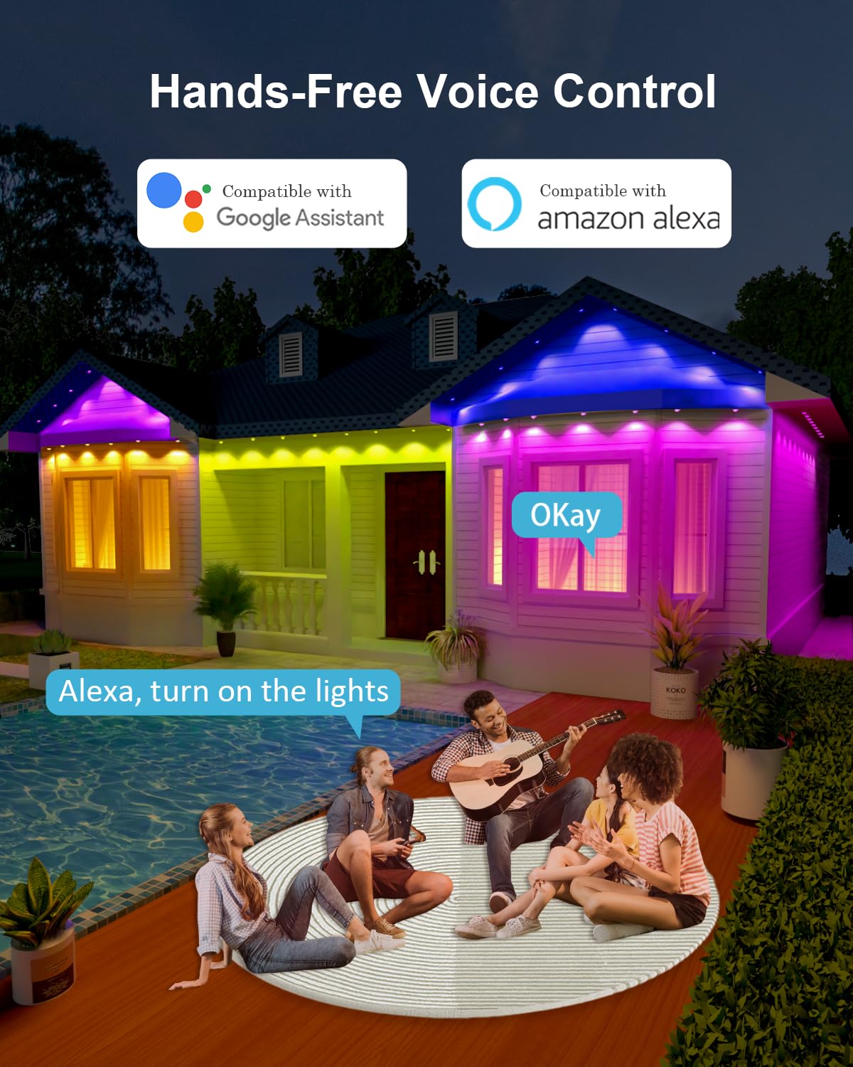 Tropwellhouse 100ft RGB+IC Outdoor Lights, 72 Modes, IP67 Waterproof, Alexa/Google Compatible, Plastic, White, Model YM2025