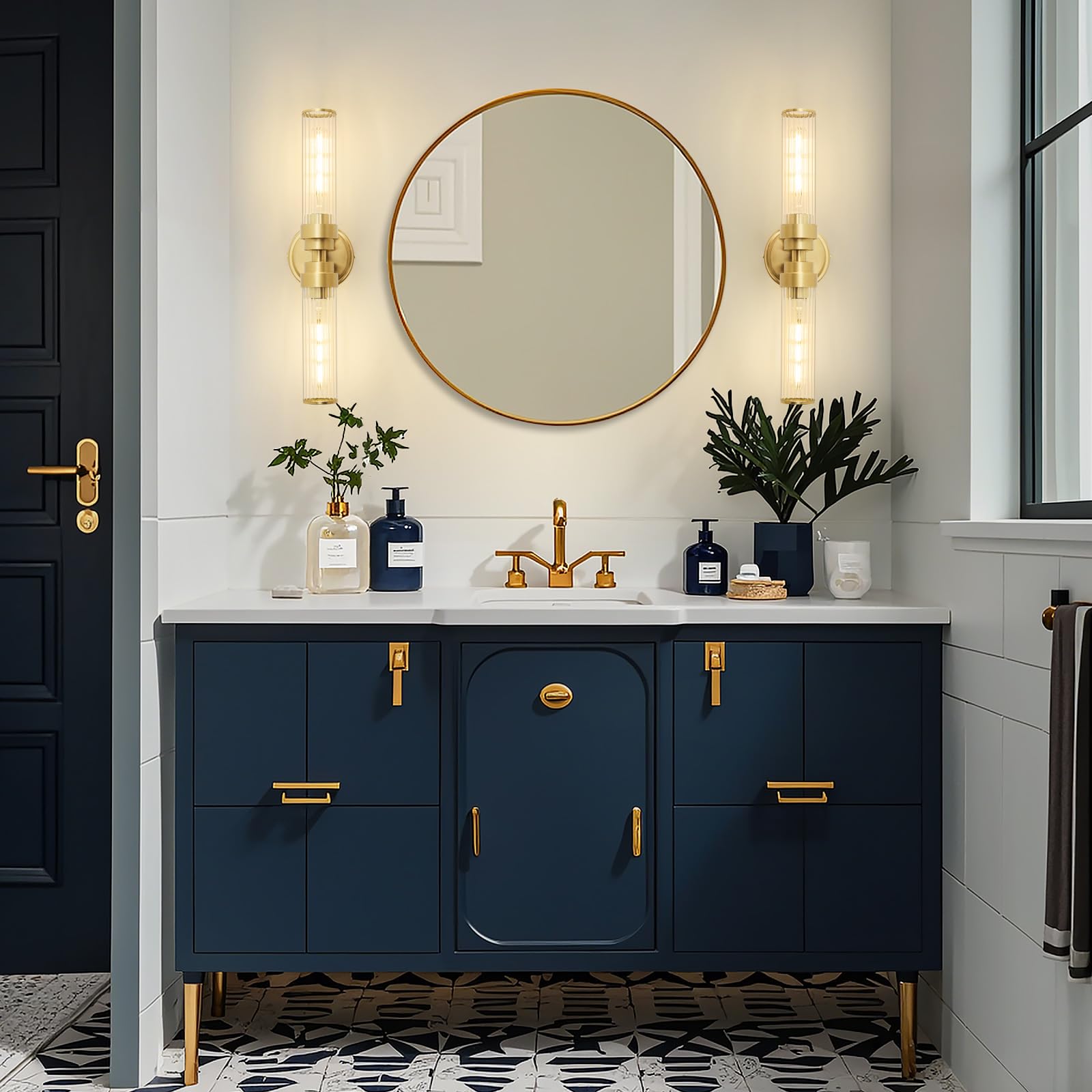 Vaziden Gold Wall Sconce Vanity Lights 2 Pack, Modern Threaded Glass, Up and Down Lighting for Bathroom and Living Room