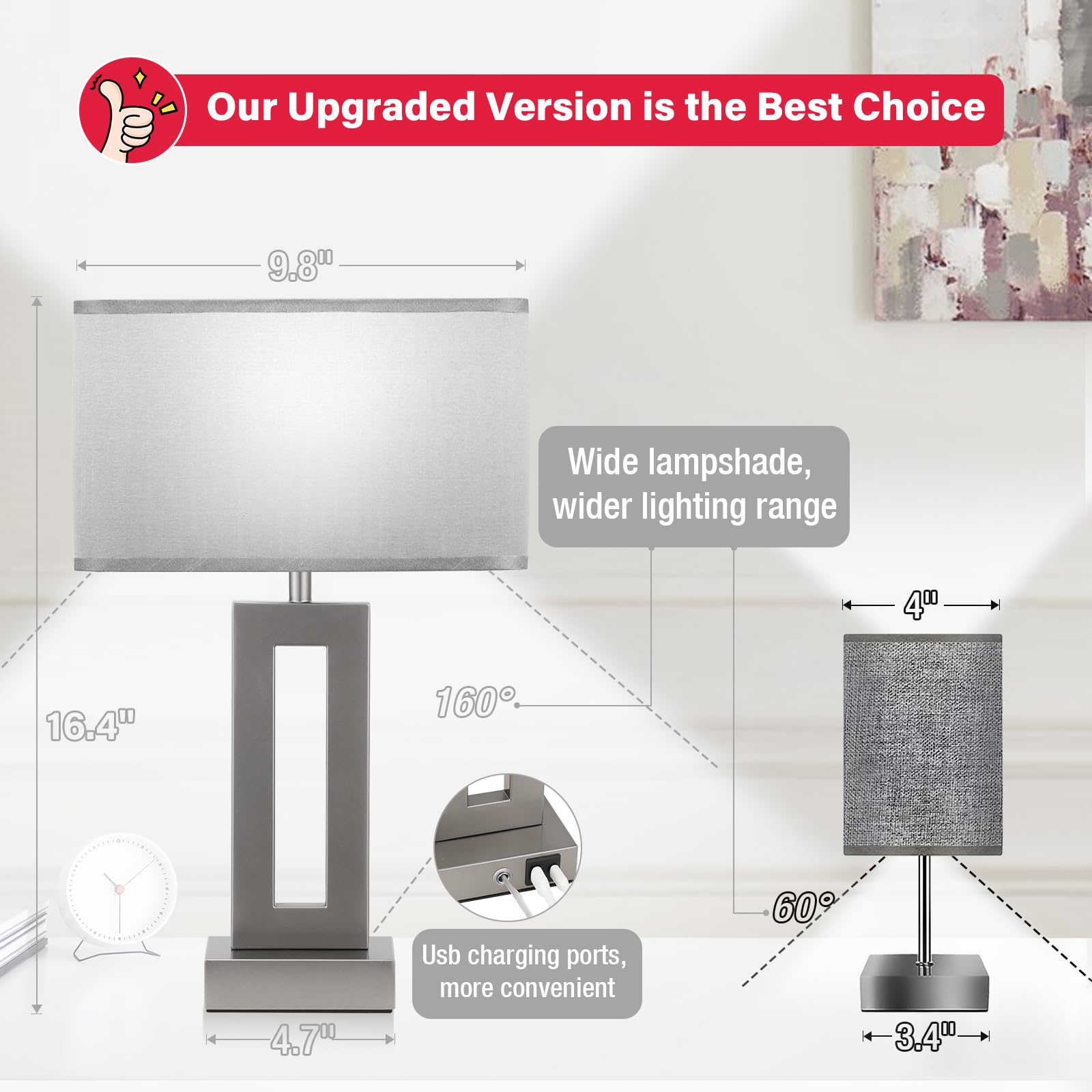 Bedroom Table Lamps Set Of 2 - Grey Touch Bedside Lamps With Usb C+A, 3 Way Dimmable Gold Lamp For Nightstand, Modern Night Stan