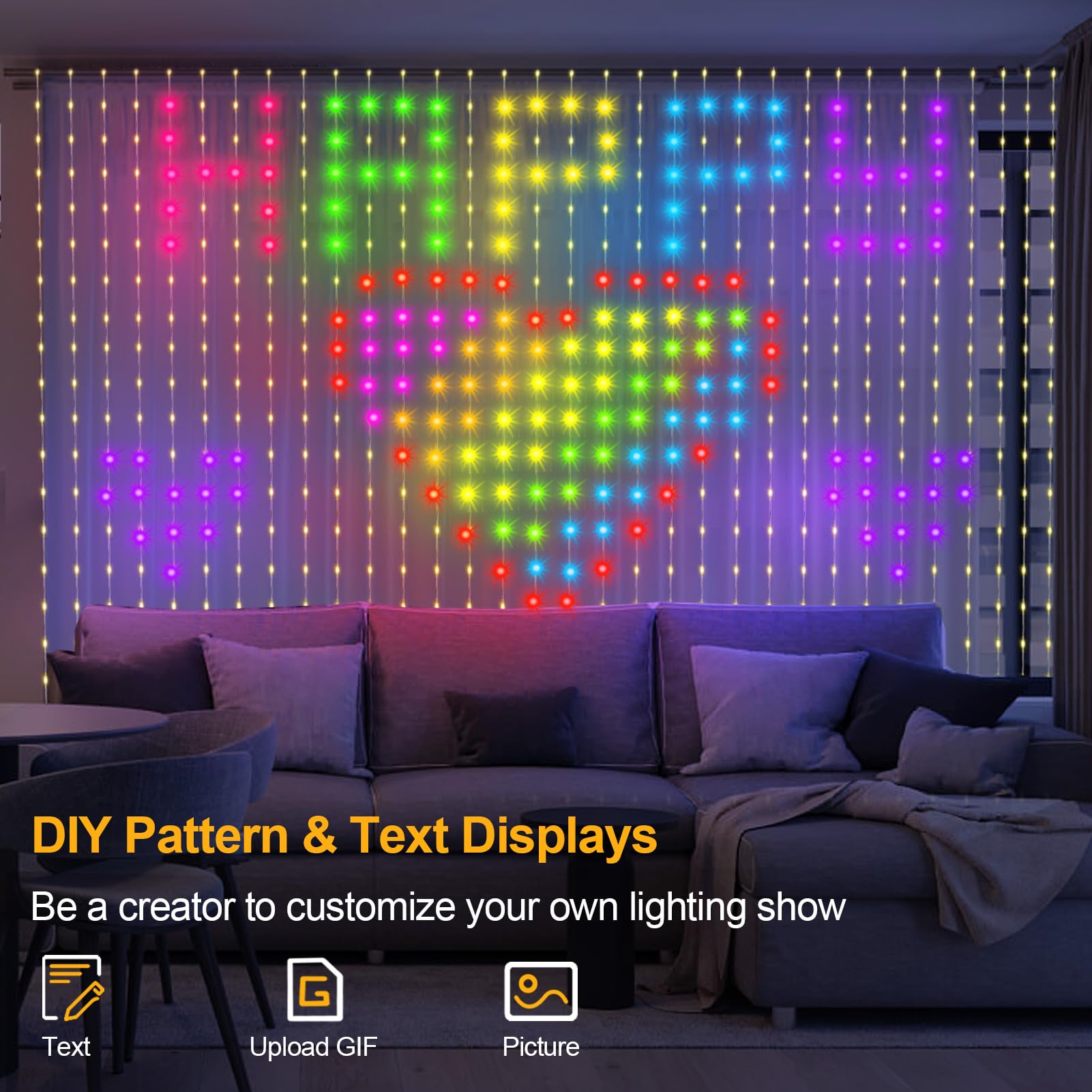echosari Smart Curtain Lights - 400 LED RGB&IC, App Programmable, 6.6x6.6ft, Music Sync, Plastic Decor for Bedroom Backdrop