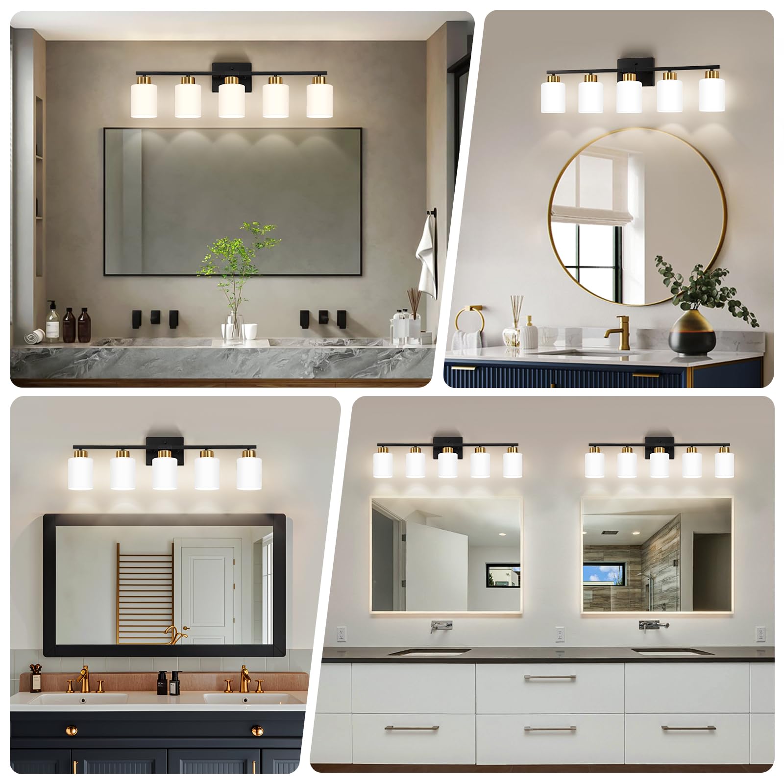 Fonmyim Black And Gold Bathroom Light Fixtures, 5-Light Modern Vanity Light Over Mirror, Wall Sconces With Milky White Frosted G