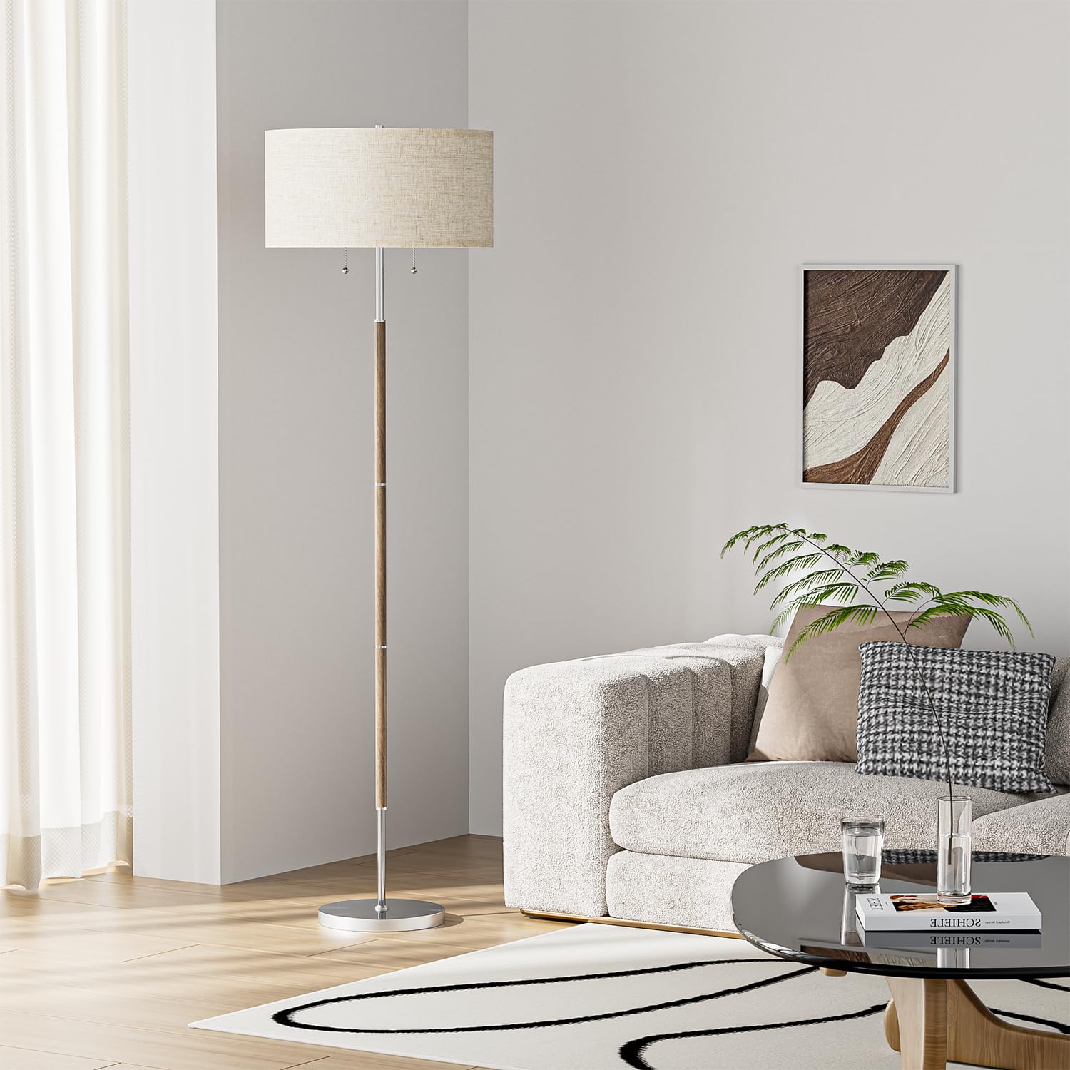 Karjoefar 2-Light Mid Century Floor Lamp with Beige Lampshade, Nickel Silver, 9W Bulb, Ideal for Living Room or Bedroom
