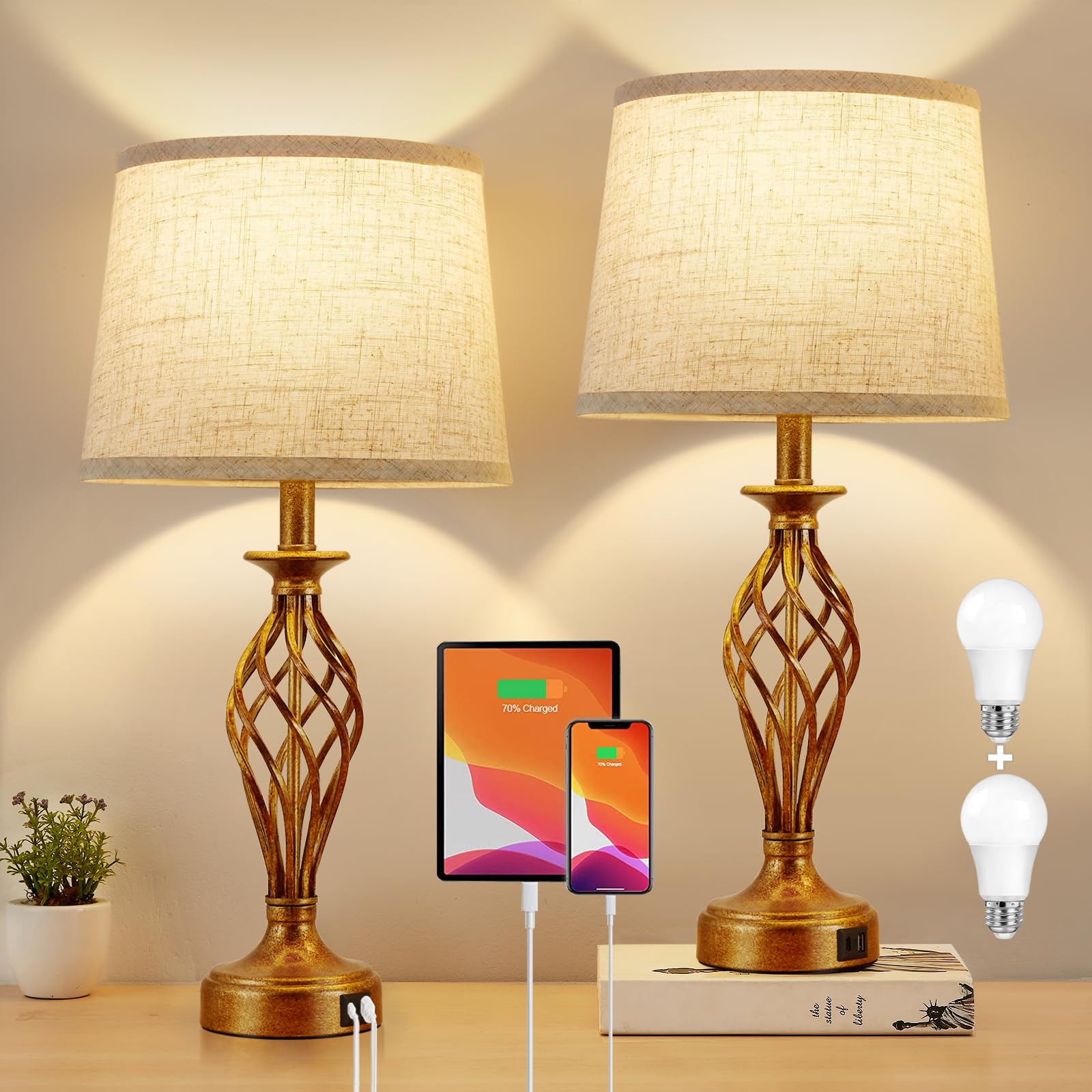 Nightstand Table Lamps for Bedrooms Set of 2 with USB C+A, Bedside Lamps with Spiral Cage Base, Tall Living Room Lamps for End T