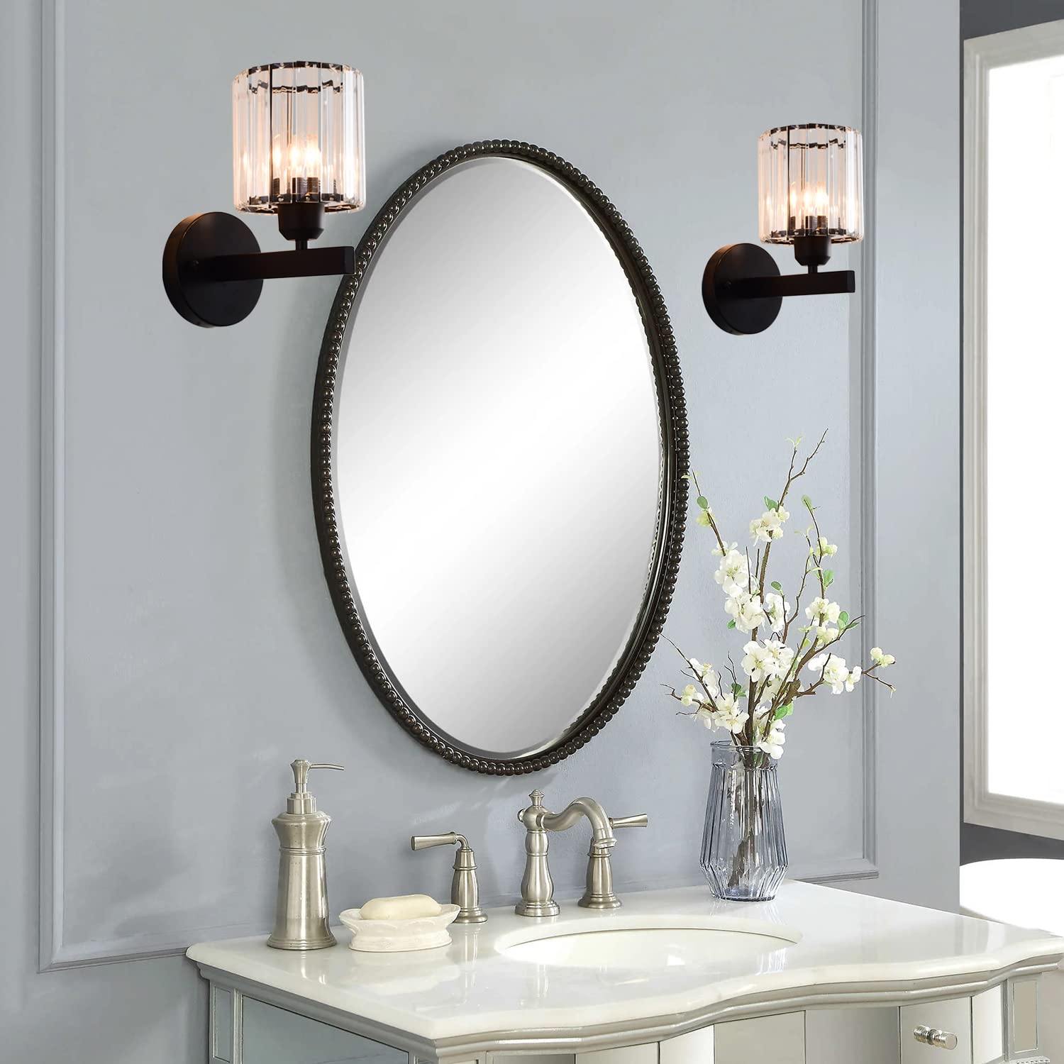 TISLYCO Black Wall Sconces Set of 2, Modern Metal Lighting Fixtures, 7inx4.7in, Glass Shade for Bedroom, Living Room, Bathroom