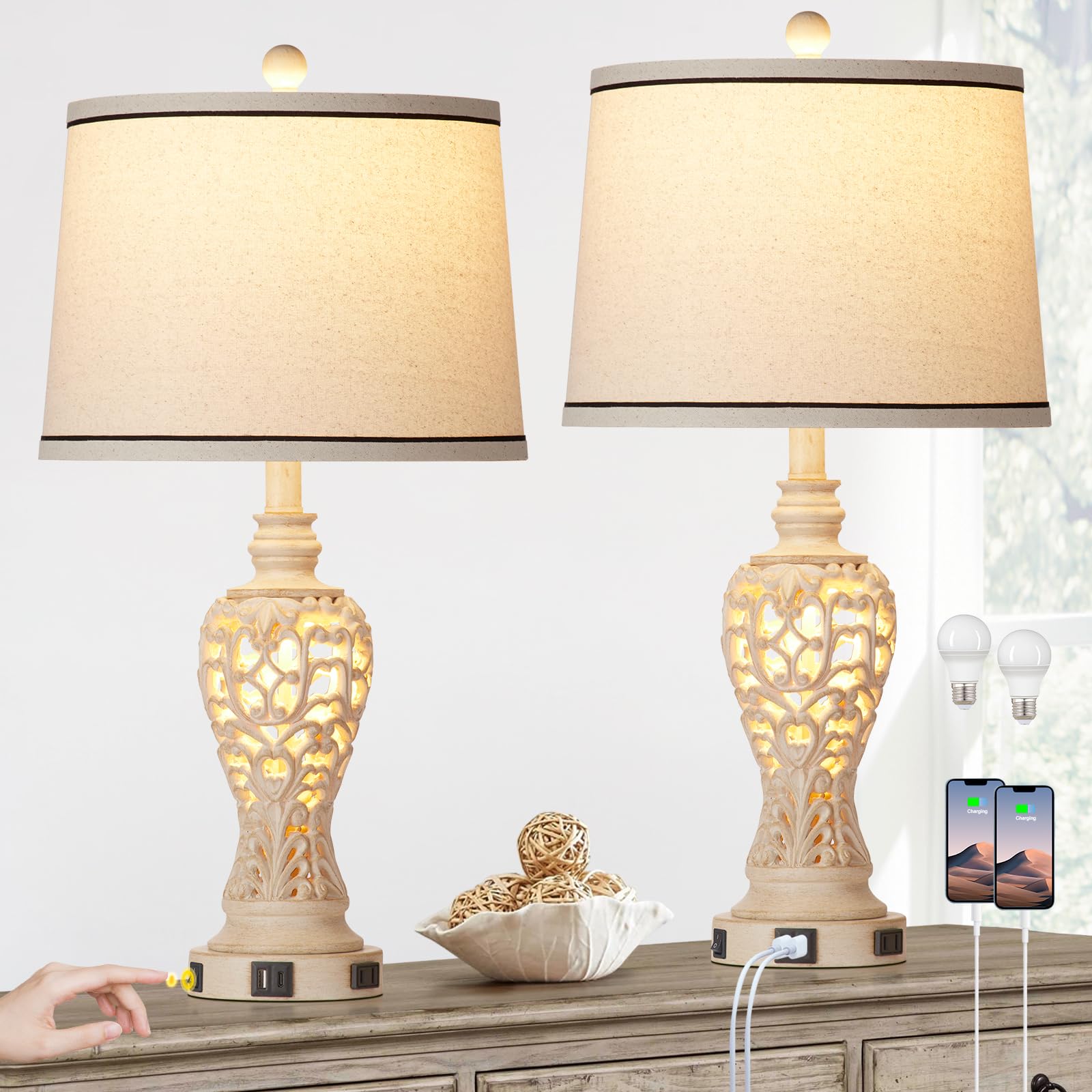 Rinweey Table Lamps Set of 2, Farmhouse Table Lamps with Nightlight, Rustic Bedside Lamps with Dual USB & AC Outlet, 25.2'' Whit