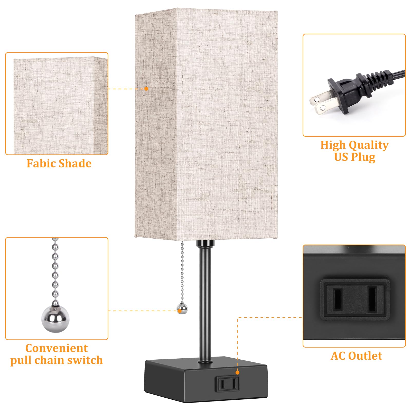 Table Lamp For Bedroom Set Of 2,3-Color Bedside Lamps With Pull Chain Table Lamps For Nightstand With Ac Outlets,Night Light Lam