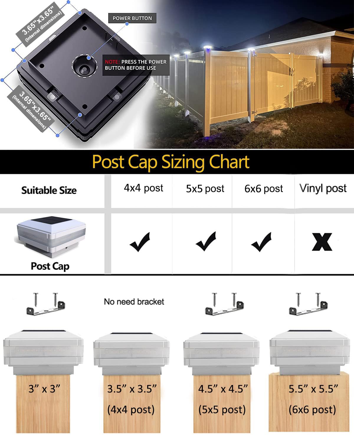 INDARUN Solar Post Cap Lights, 4x4 5x5 6x6, IP65 Waterproof, 52LEDs, White, Flexfit - 4 Pack, Model WS